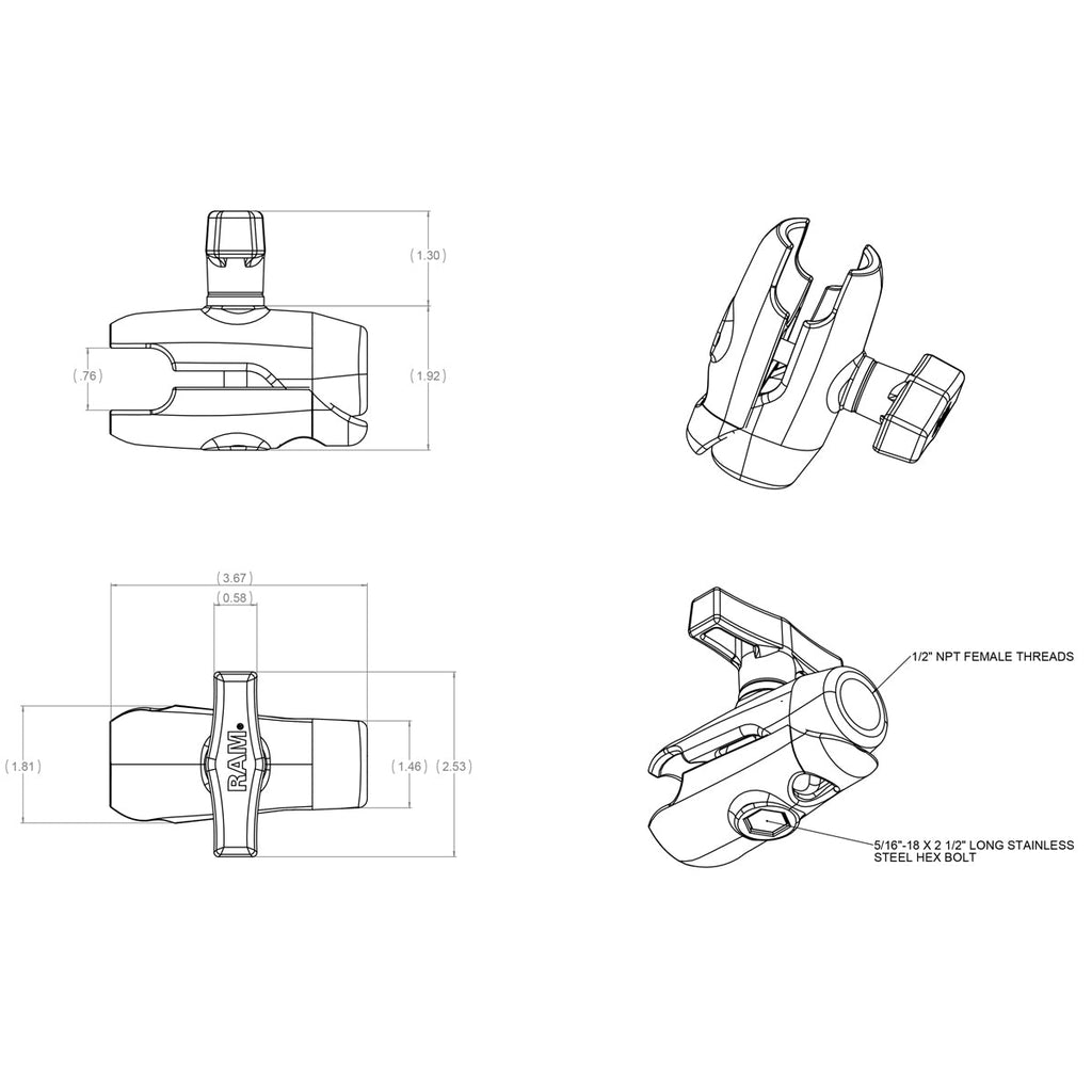 RAM-200-1U:RAM-200-1U_1:RAM® Single Socket Arm with 1/2" NPT Threaded Hole