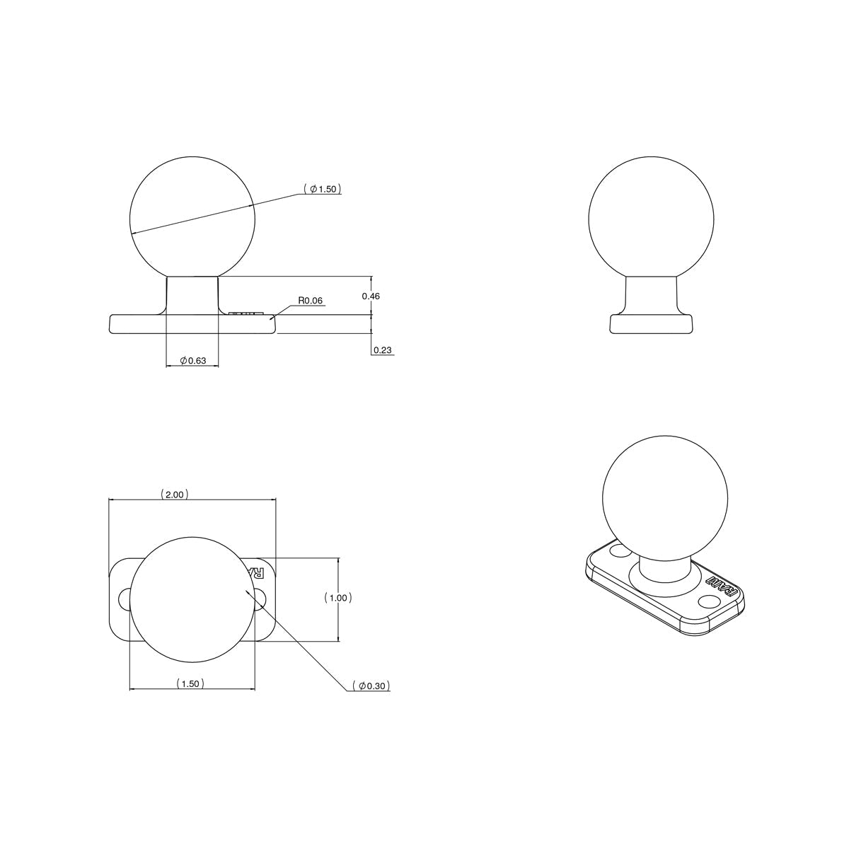 RAM-202U-12:RAM-202U-12_1:RAM® Ball Base with 1.5" 2-Hole Pattern - C Size