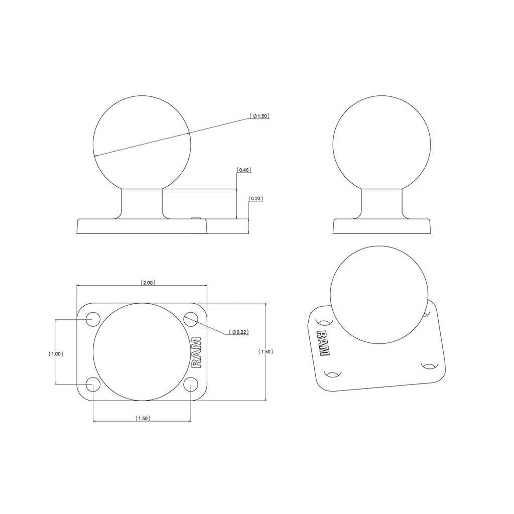 RAM-202U-152:RAM-202U-152_1:RAM® Ball Base with 1" x 1.5" 4-Hole Pattern - C Size