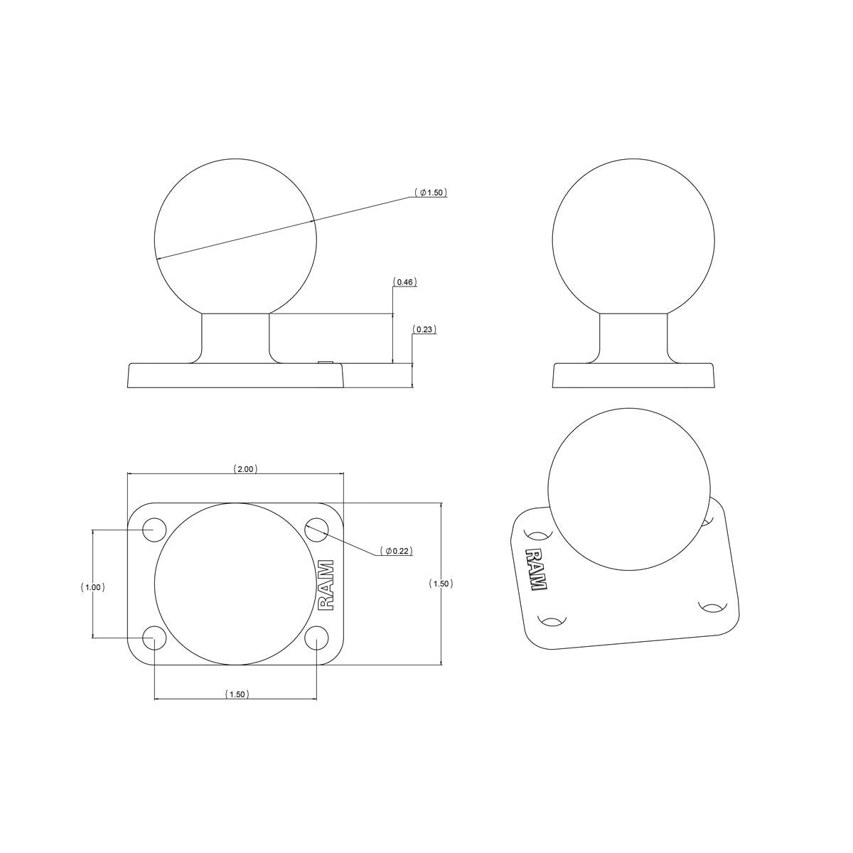 RAM-202U-152:RAM-202U-152_1:RAM® Ball Base with 1" x 1.5" 4-Hole Pattern - C Size