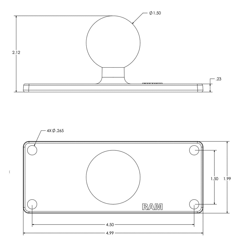 RAM-202U-25:RAM-202U-25_1:RAM® Ball Base with 1.5" x 4.5" 4-Hole Pattern - C Size