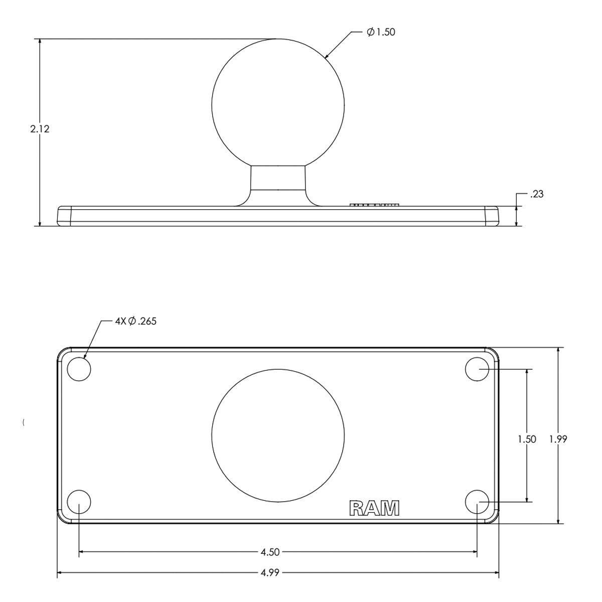 RAM-202U-25:RAM-202U-25_1:RAM® Ball Base with 1.5" x 4.5" 4-Hole Pattern - C Size