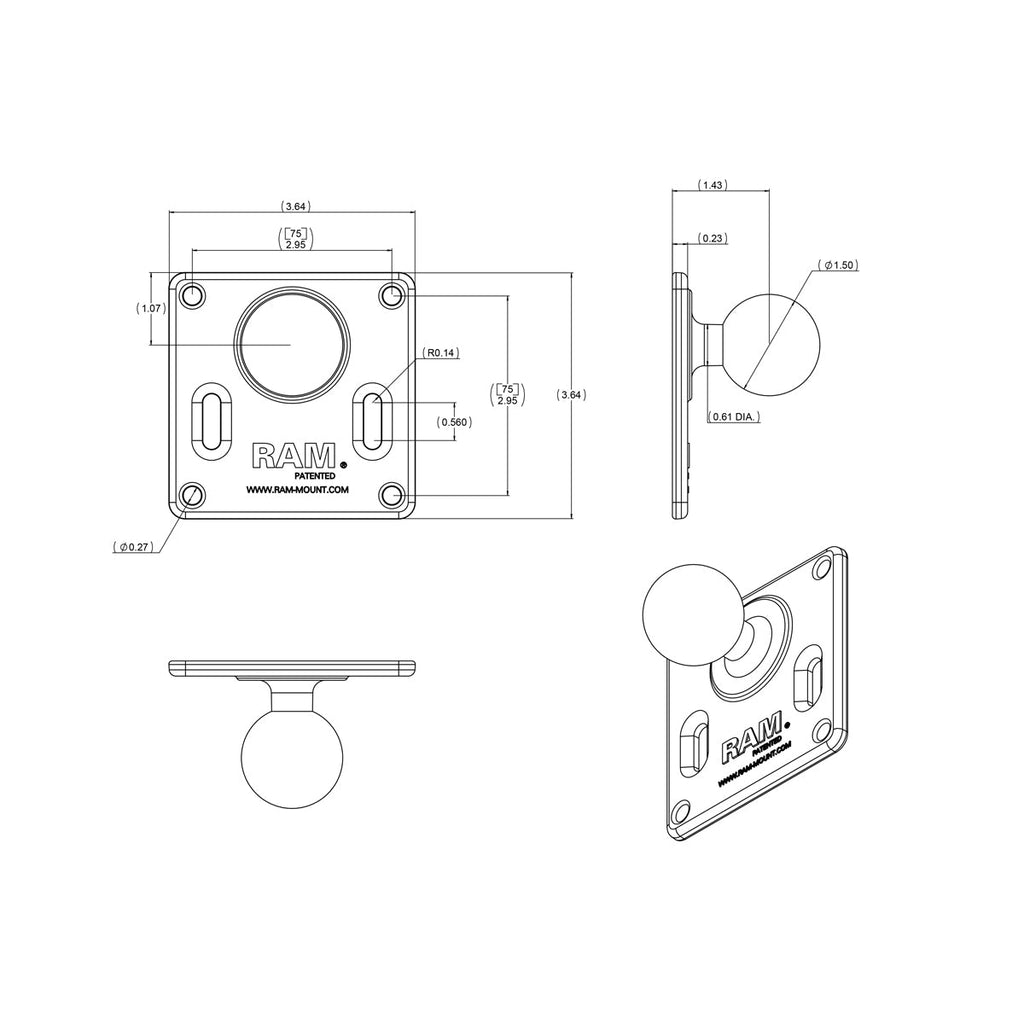 RAM-2461U:RAM-2461U_1:RAM® 75x75mm VESA Plate with Ball - C Size