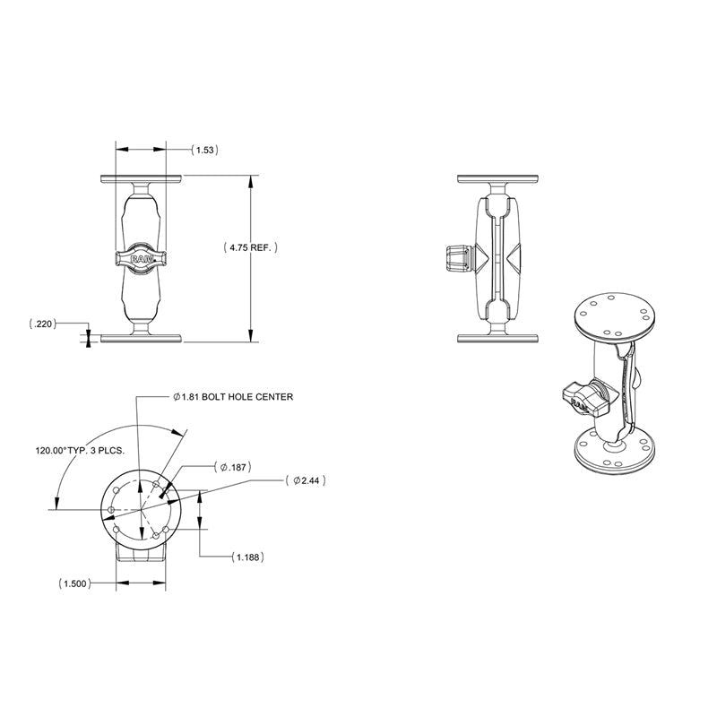 RAM-B-101-G1U:RAM-B-101-G1U_1:RAM® Double Ball Mount with Universal Hardware for Garmin GPSMAP + More