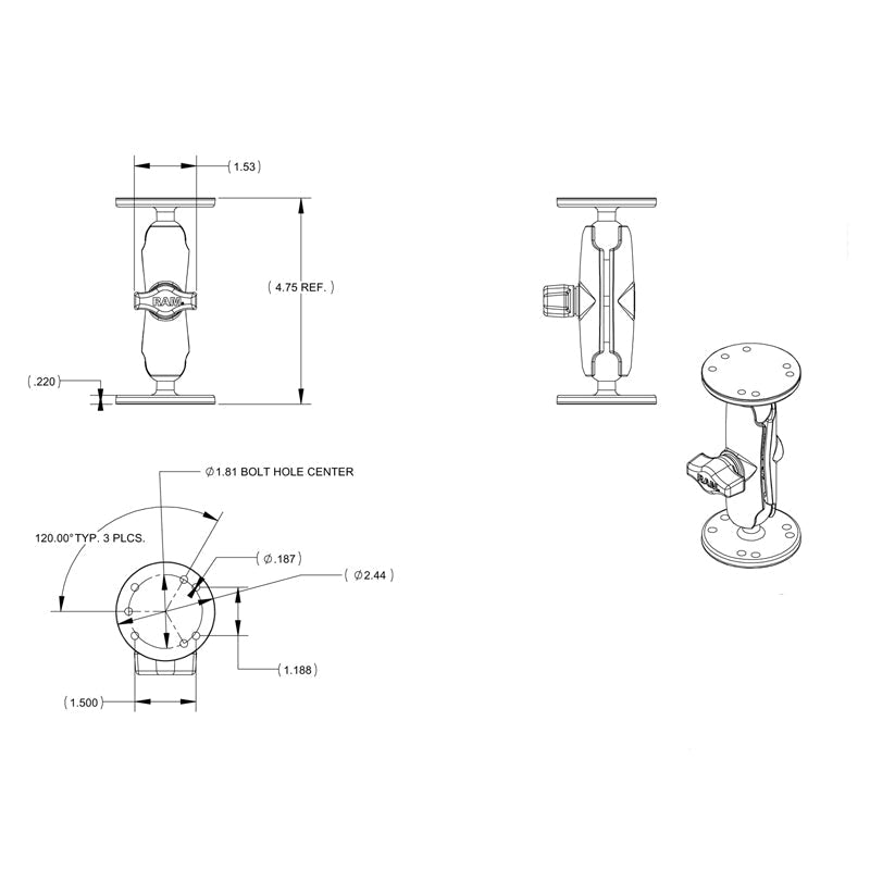 RAM-B-101-G3U:RAM-B-101-G3U_1:RAM® Double Ball Mount with Hardware for Garmin StreetPilot