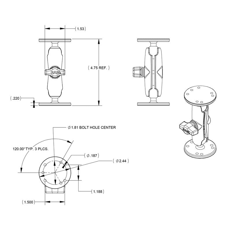 RAM-B-101U:RAM-B-101U_1:RAM® Universal Double Ball Mount with Two Round Plates - B Size Medium