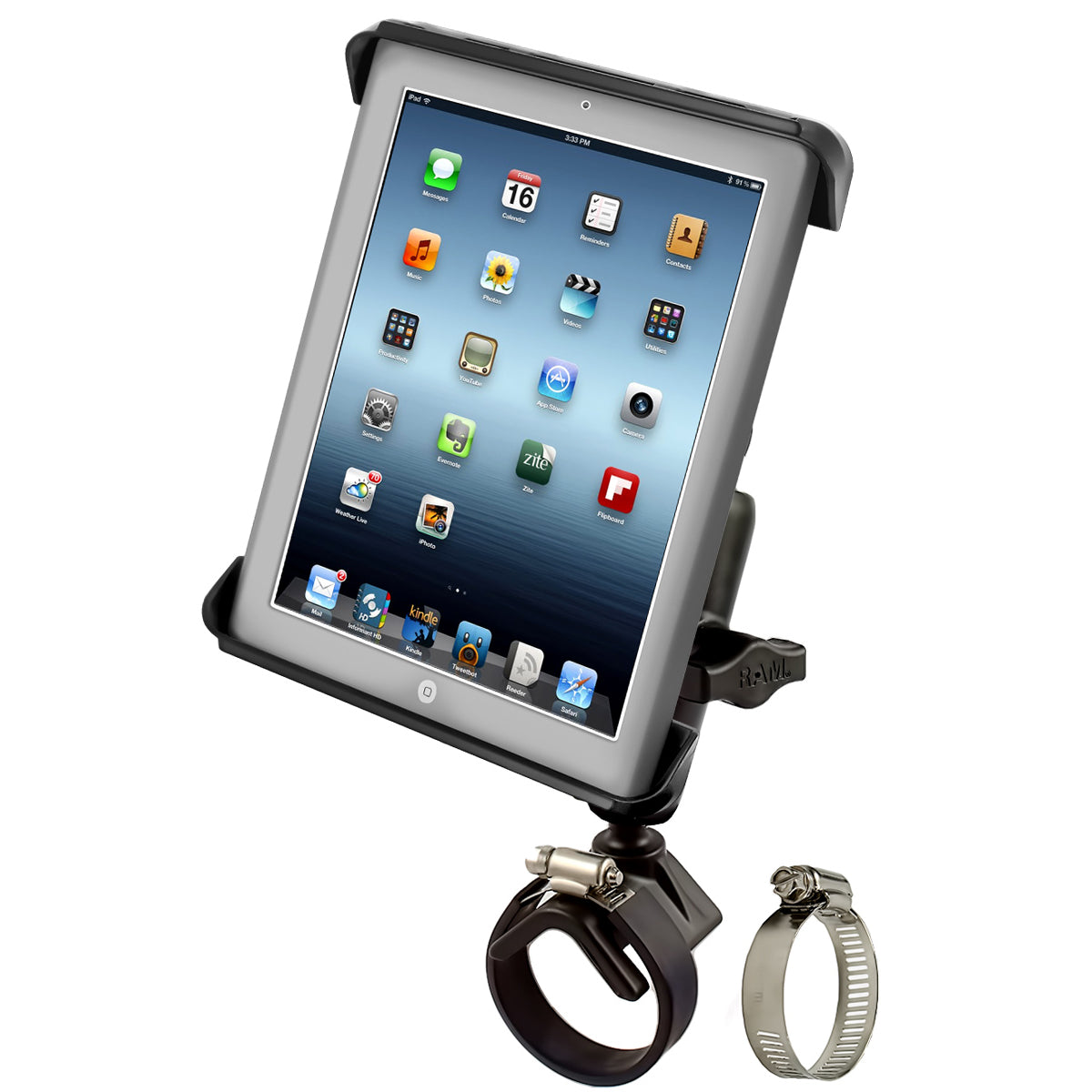 RAM-B-108-TAB3:RAM-B-108-TAB3_1:RAM® Tab-Tite™ Mount with Strap Hose Clamp Base for iPad Gen 1-4 + More