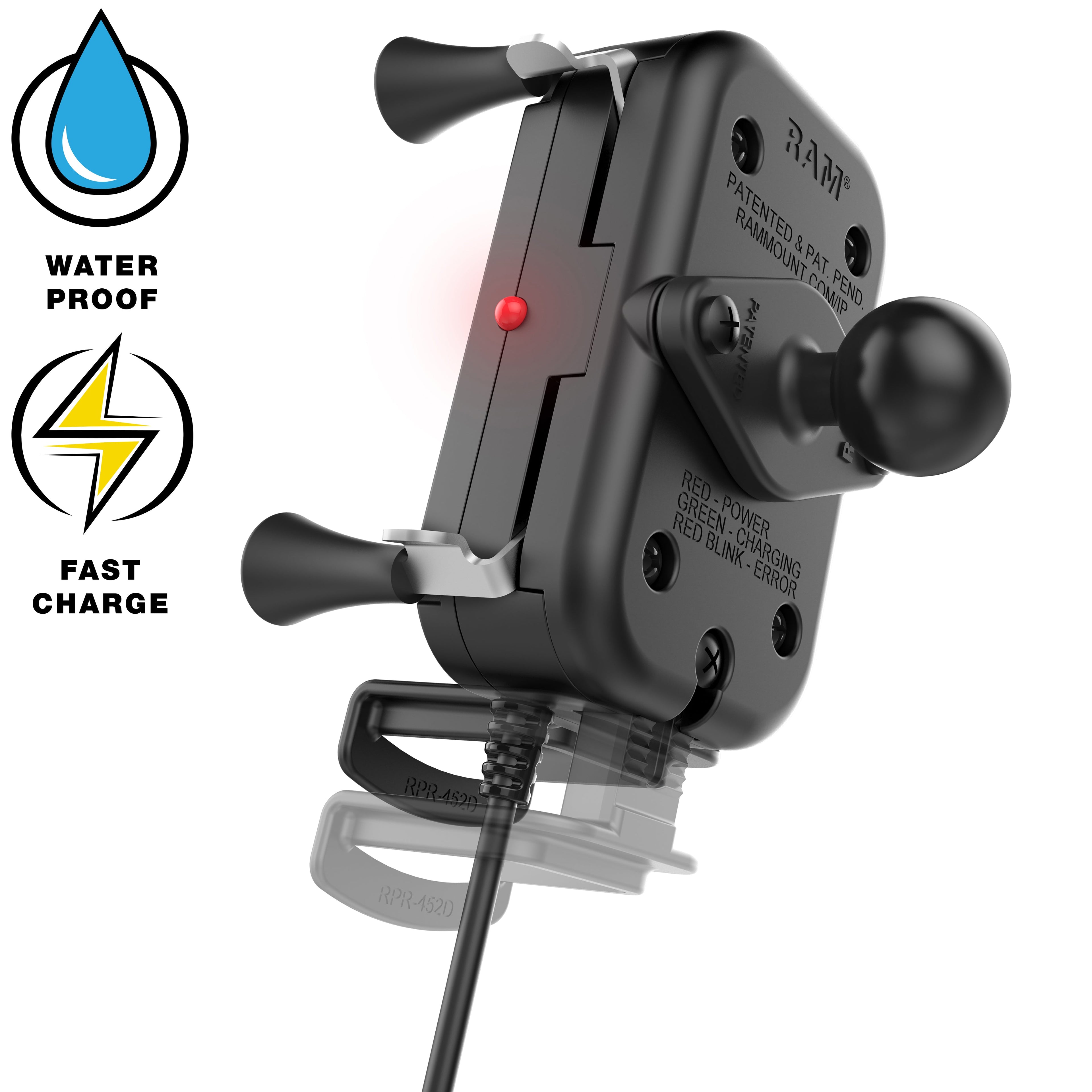 RAM-B-149Z-A-UN12W-V7M-1:RAM-B-149Z-A-UN12W-V7M-1_1:RAM® Tough-Charge™ 15W Waterproof Wireless Charging Motorcycle Mount
