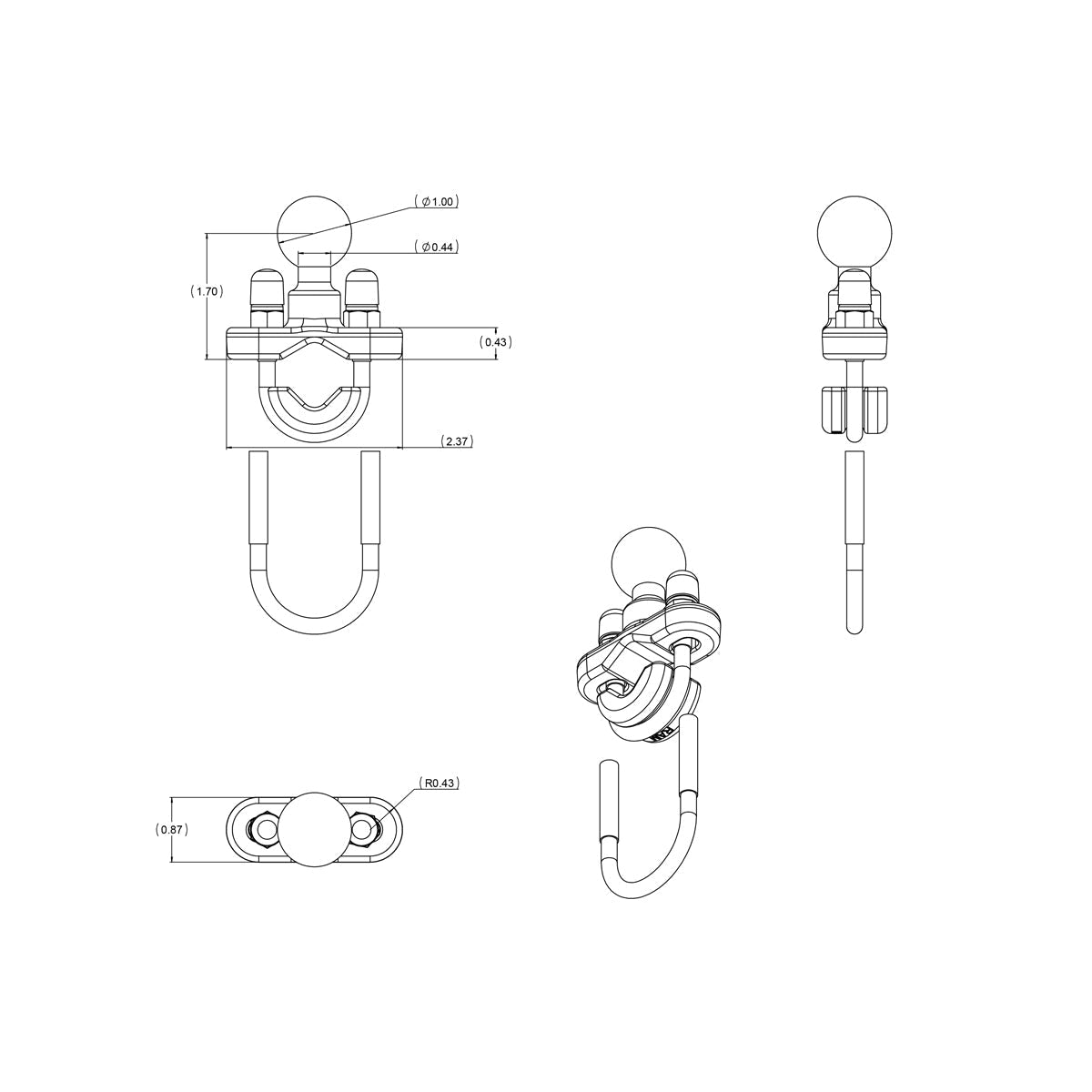 RAM-B-231U:RAM-B-231U_1:RAM® Handlebar U-Bolt Base for Rails 0.5" to 1" in Diameter - B Size