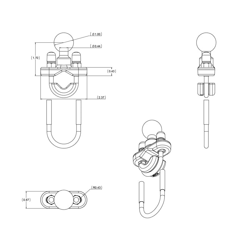RAM-B-231ZU:RAM-B-231ZU_1:RAM® Handlebar U-Bolt Base for Rails 0.5" to 1.25" in Diameter - B Size