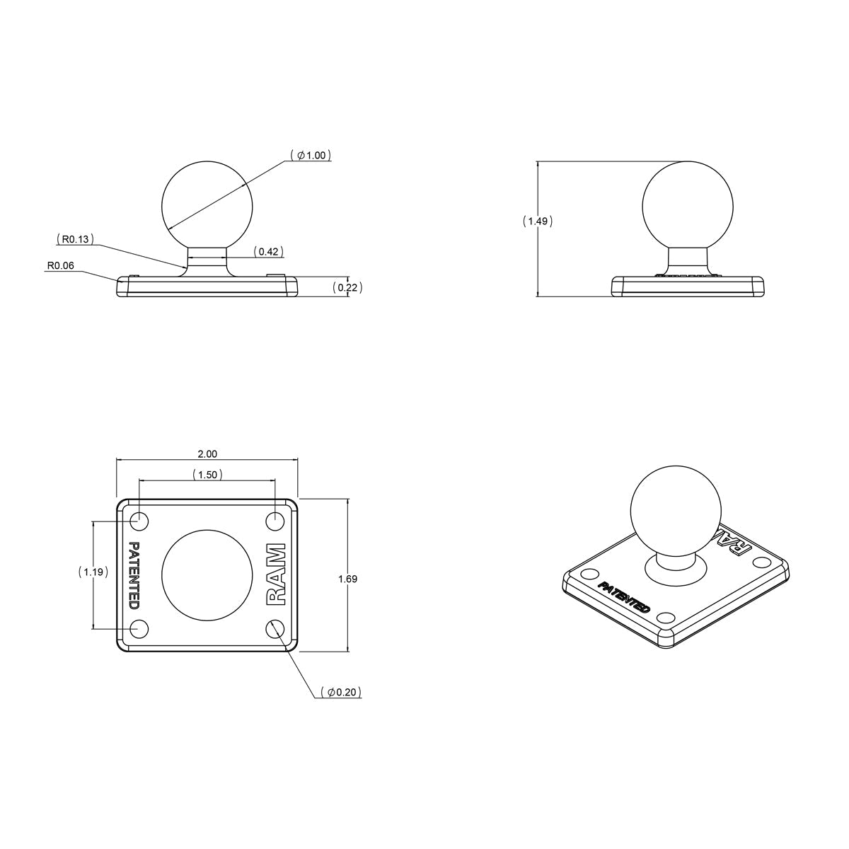 RAM-B-347U:RAM-B-347U_1:RAM® Ball Adapter with AMPS Plate - B Size