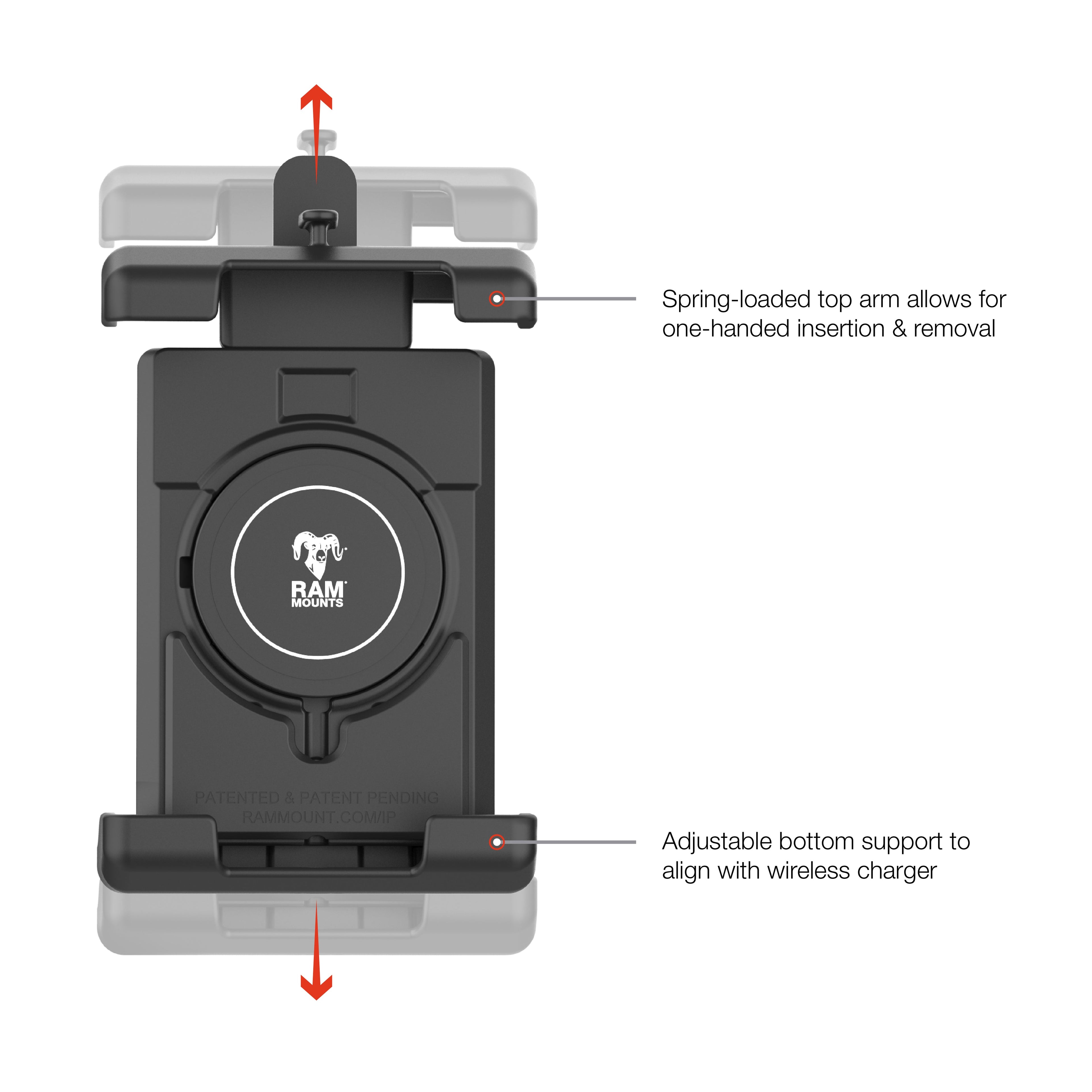 RAM-B-400-PD7-W2MU:RAM-B-400-PD7-W2MU_1:RAM® Quick-Grip™ Pro XL Tough-Claw™ Mount with Qi2 15W Wireless Charger