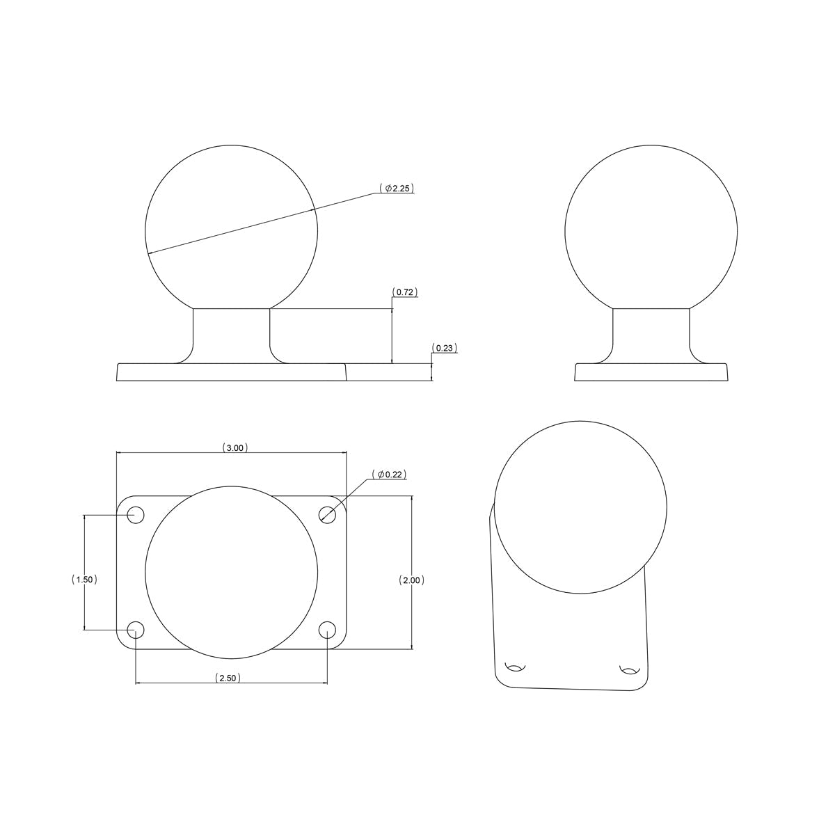 RAM-D-202U-23:RAM-D-202U-23_1:RAM® Ball Base with 1.5" x 2.5" 4-Hole Pattern - D Size