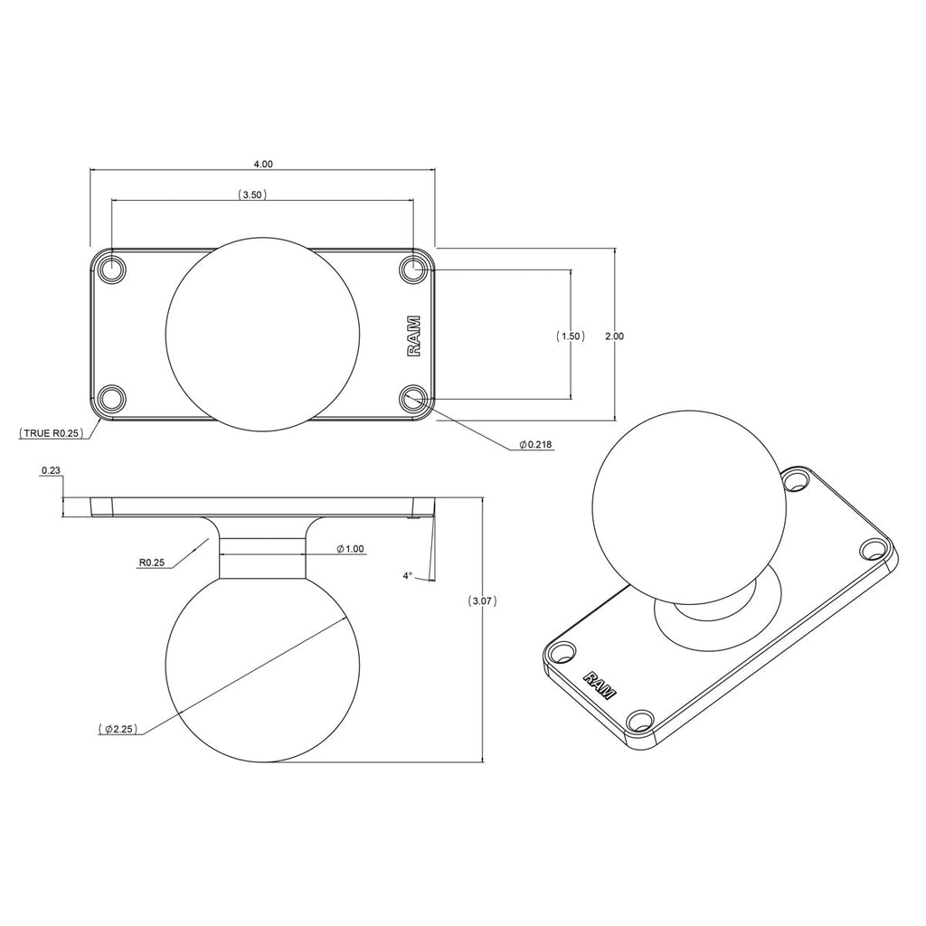 RAM-D-202U-24:RAM-D-202U-24_1:RAM® Ball Base with 1.5" x 3.5" 4-Hole Pattern - D Size