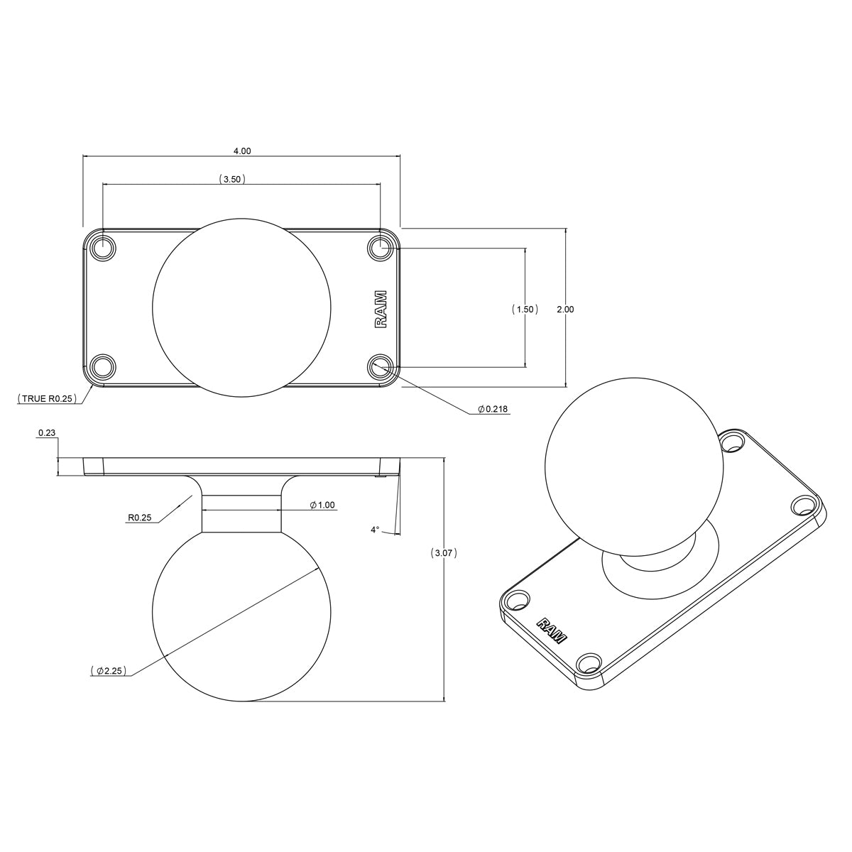 RAM-D-202U-24:RAM-D-202U-24_1:RAM® Ball Base with 1.5" x 3.5" 4-Hole Pattern - D Size