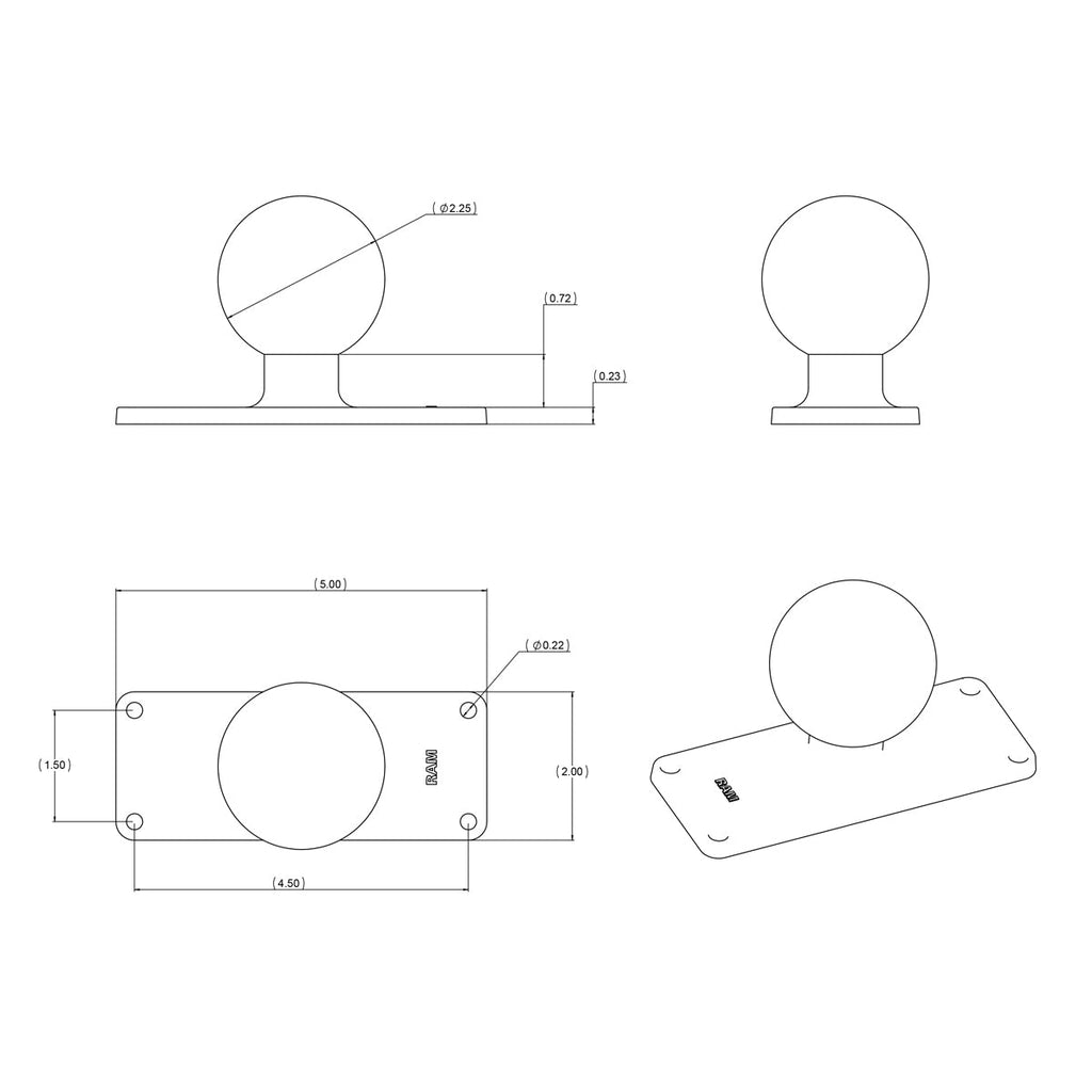 RAM-D-202U-25:RAM-D-202U-25_1:RAM® Ball Base with 1.5" x 4.5" 4-Hole Pattern - D Size