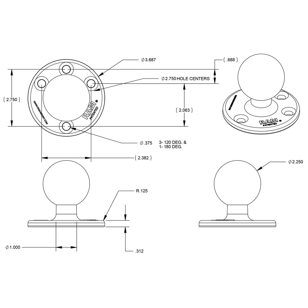 RAM-D-202U:RAM-D-202U_1:RAM® Large Round Plate with Ball - D Size