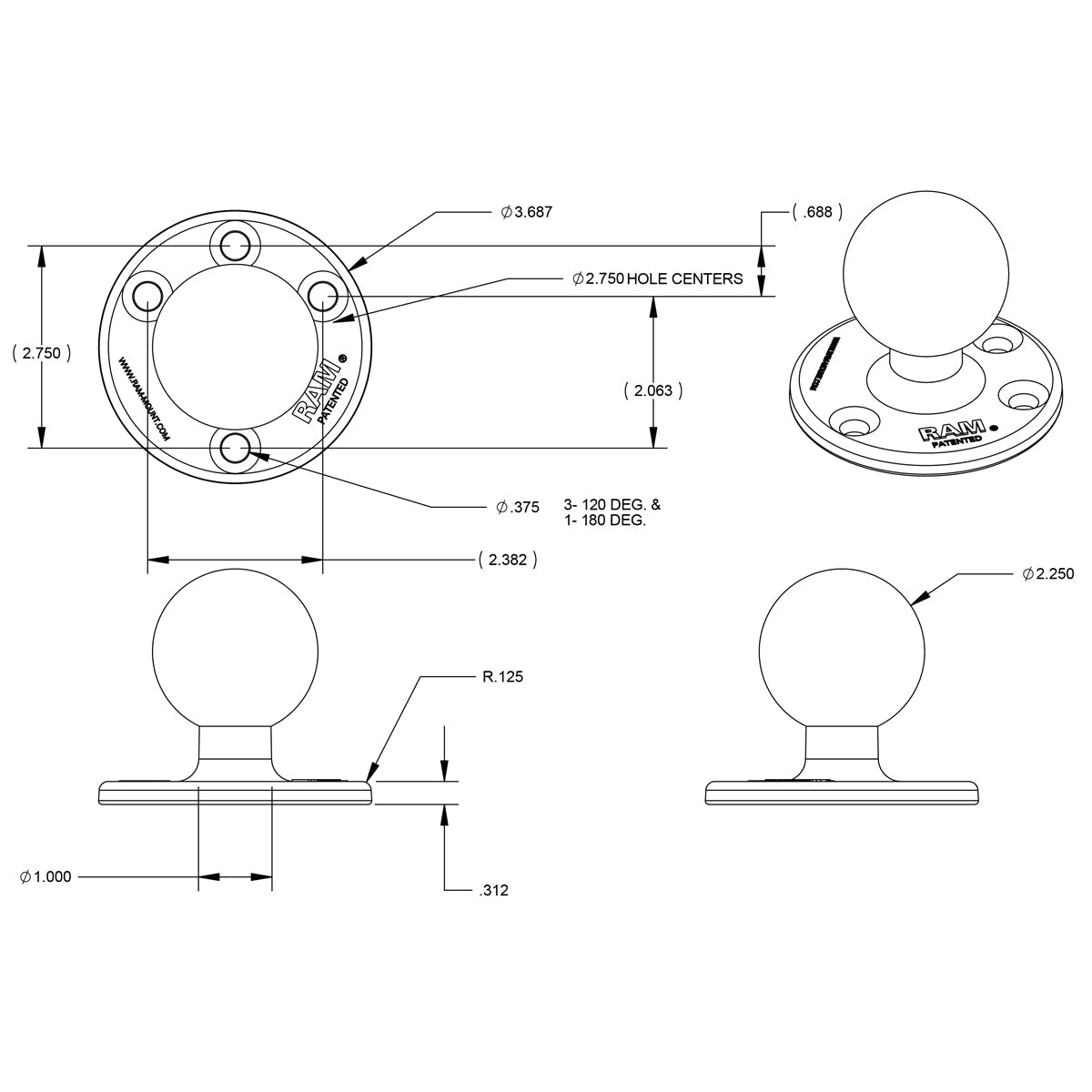 RAM-D-202U:RAM-D-202U_1:RAM® Large Round Plate with Ball - D Size