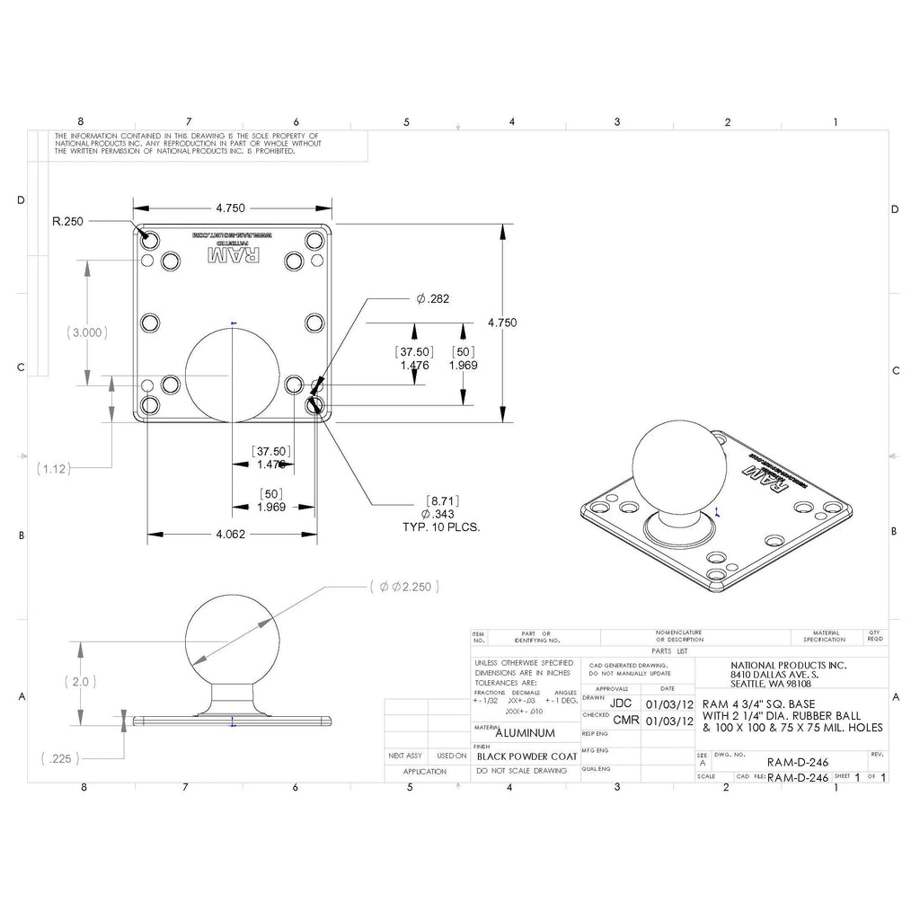 RAM-D-246-AD1U:RAM-D-246-AD1U_1:RAM® 100x100mm VESA Plate with Ball - D Size No Spacers