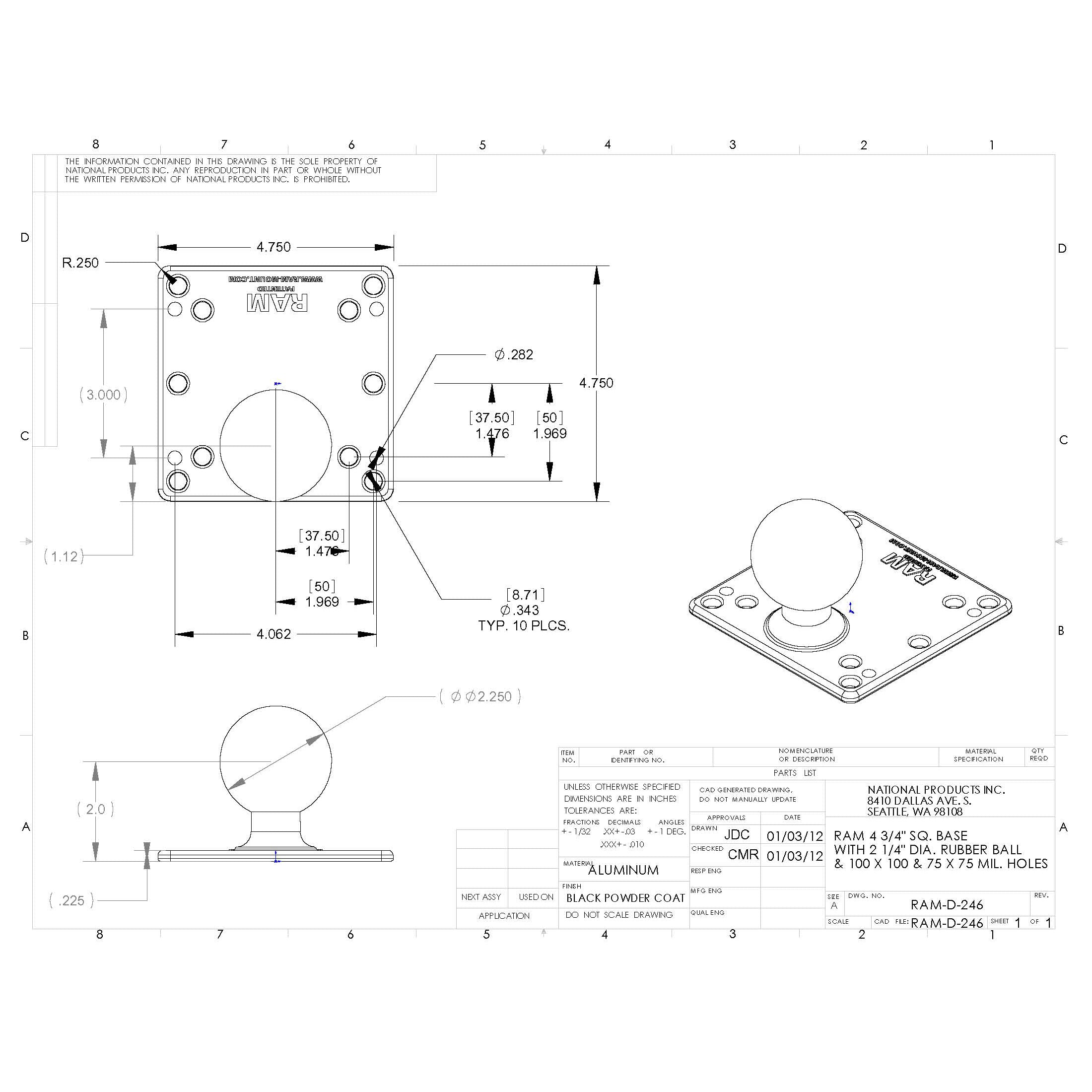 RAM-D-246-AD1U:RAM-D-246-AD1U_1:RAM® 100x100mm VESA Plate with Ball - D Size No Spacers