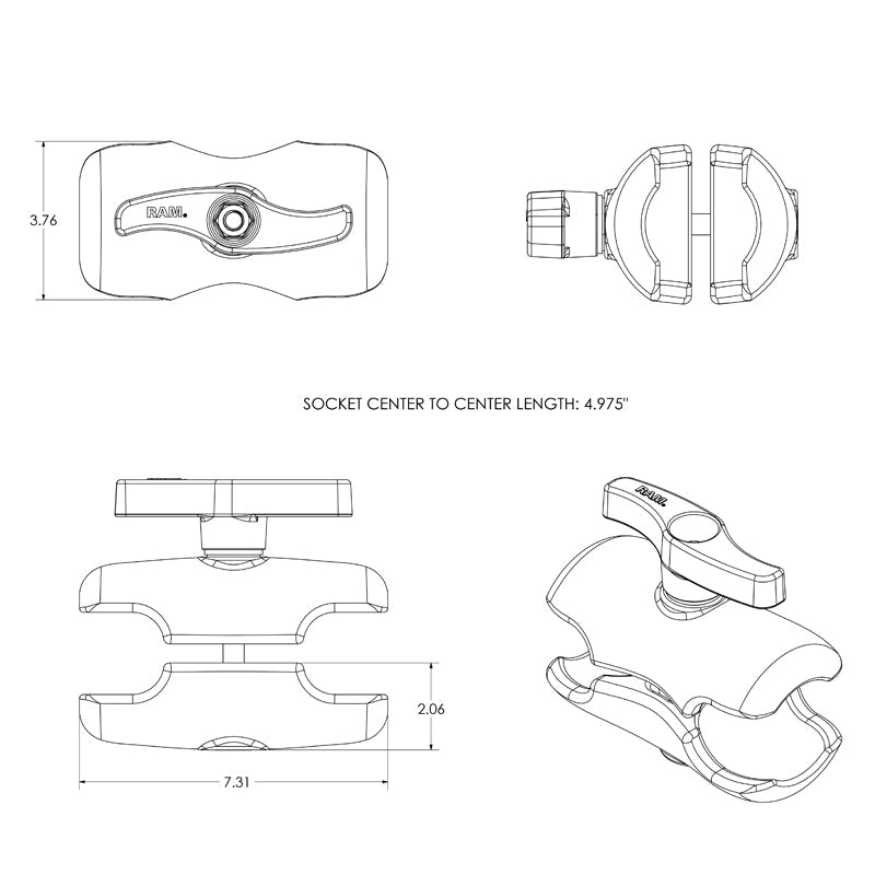 RAM-E-201U-D:RAM-E-201U-D_1:RAM® Double Socket Arm - E Size Short