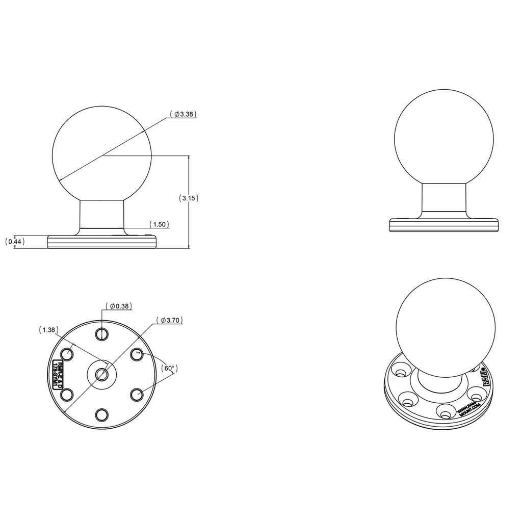 RAM-E-202U-SYM1:RAM-E-202U-SYM1_1:RAM® Large Round Plate with 6-Hole Pattern and Ball - E Size