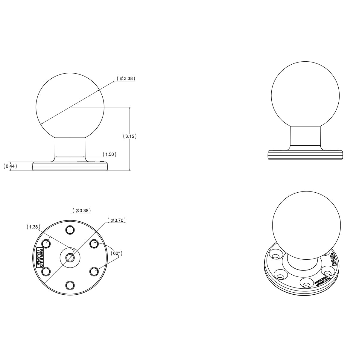 RAM-E-202U-SYM1:RAM-E-202U-SYM1_1:RAM® Large Round Plate with 6-Hole Pattern and Ball - E Size
