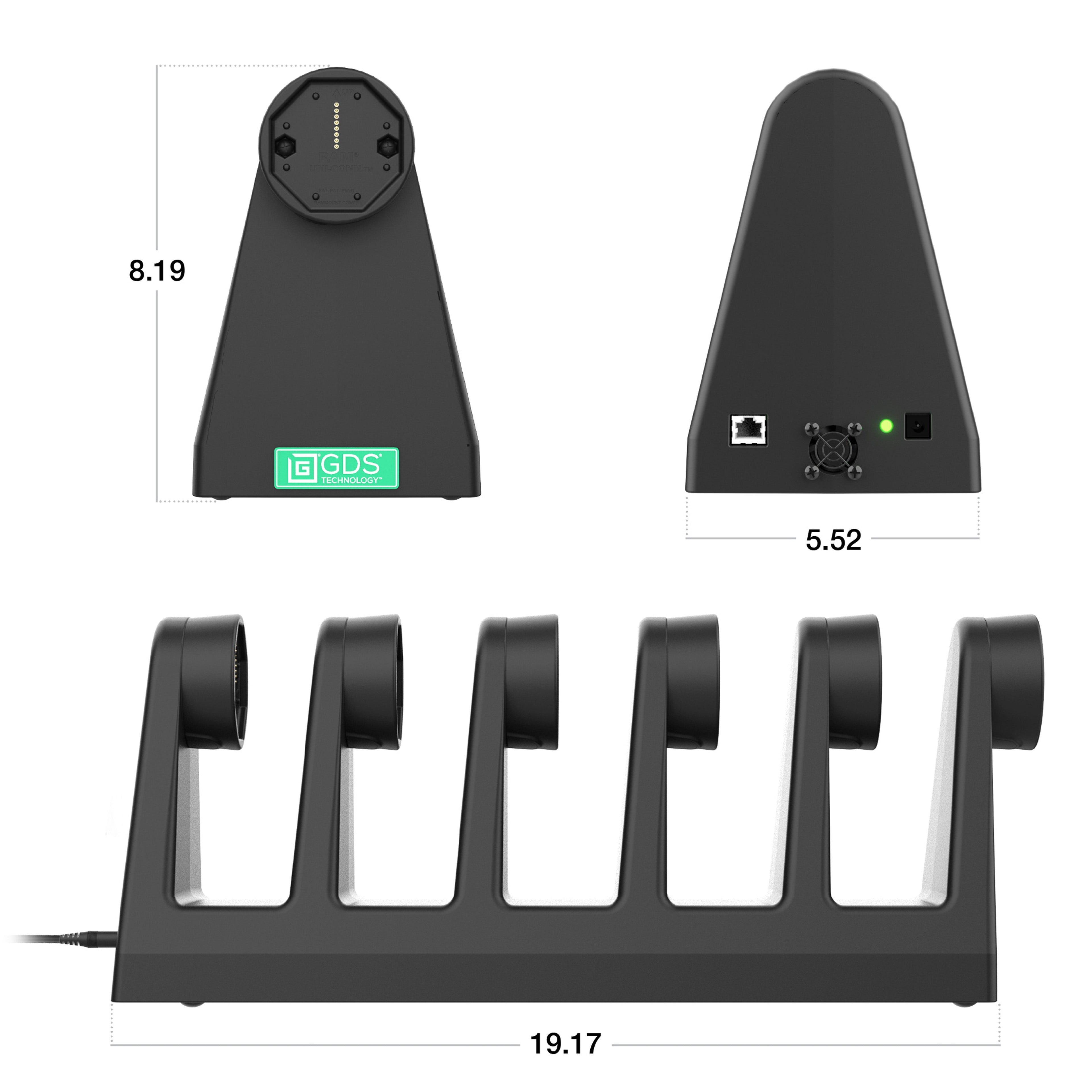 RAM-GDS-DOCK-6G17P-RJ45:RAM-GDS-DOCK-6G17P-RJ45_1:GDS® Uni-Conn™ 6-Port Power + RJ45 Dock for Tablets with IntelliSkin®