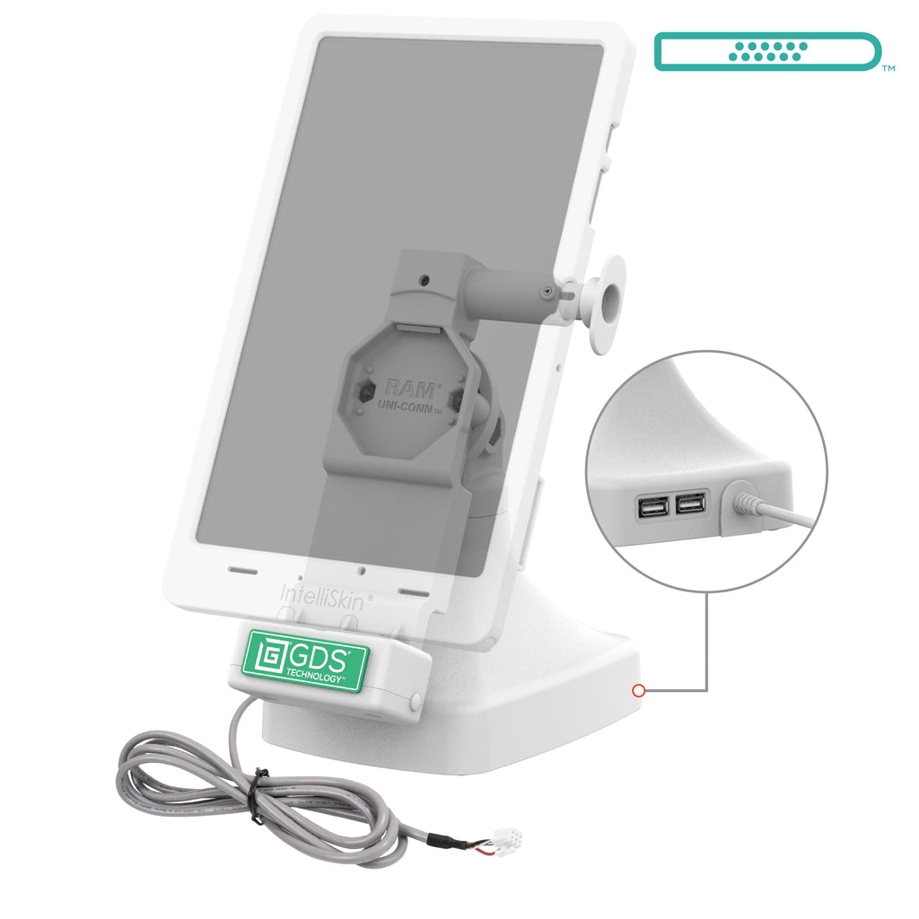 RAM-GDS-DOCK-D14-U4E-2A-GRY:RAM-GDS-DOCK-D14-U4E-2A-GRY_1:GDS® Uni-Conn™ Tilt & Swivel Dock with PoE + Data - Gray