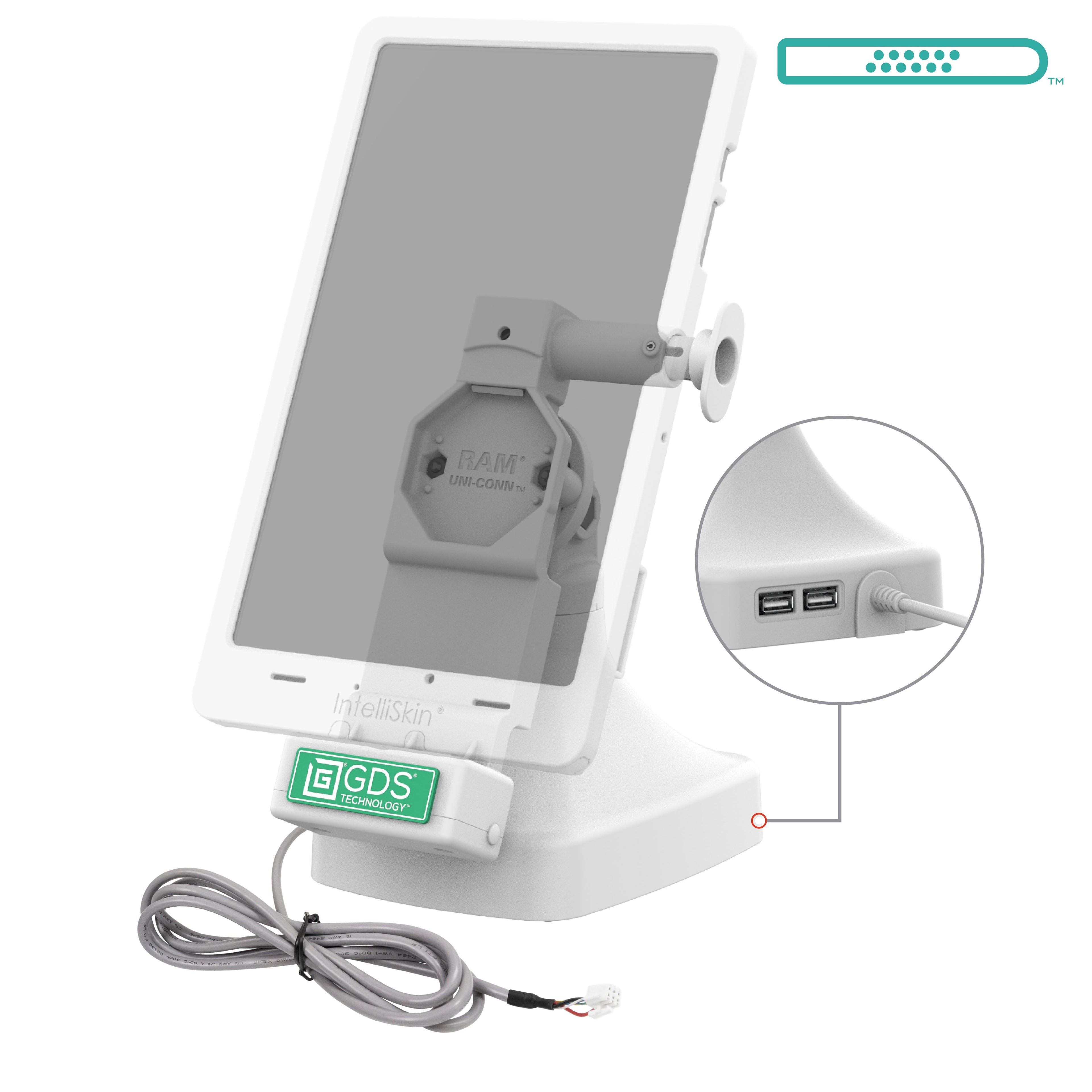 RAM-GDS-DOCK-D14-U4E-2A-GRY:RAM-GDS-DOCK-D14-U4E-2A-GRY_1:GDS® Uni-Conn™ Tilt & Swivel Dock with PoE + Data - Gray