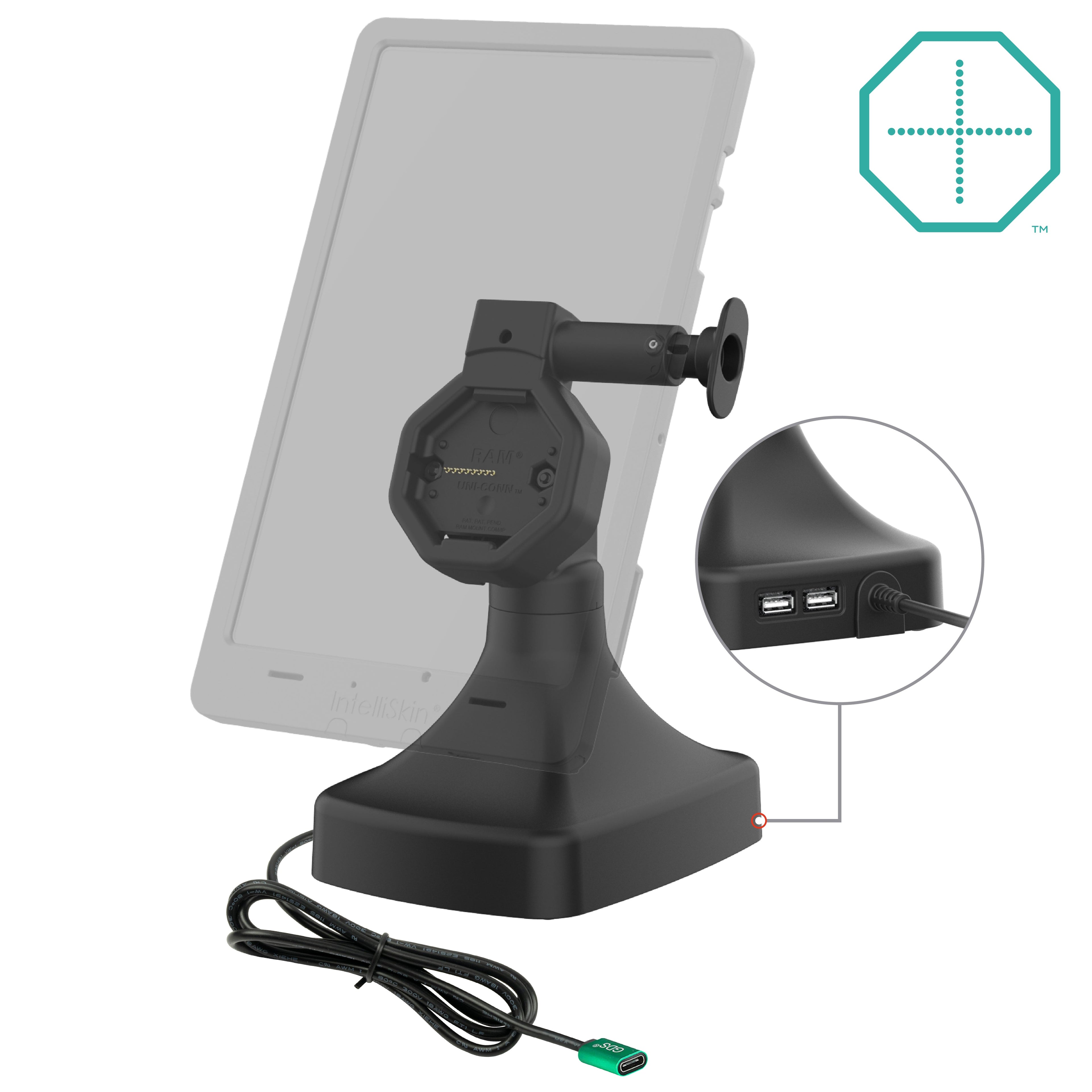 RAM-GDS-DOCK-D14-U5C-2A:RAM-GDS-DOCK-D14-U5C-2A_1:GDS® Uni-Conn™ Powered Tilt & Swivel Dock with USB-C + Data