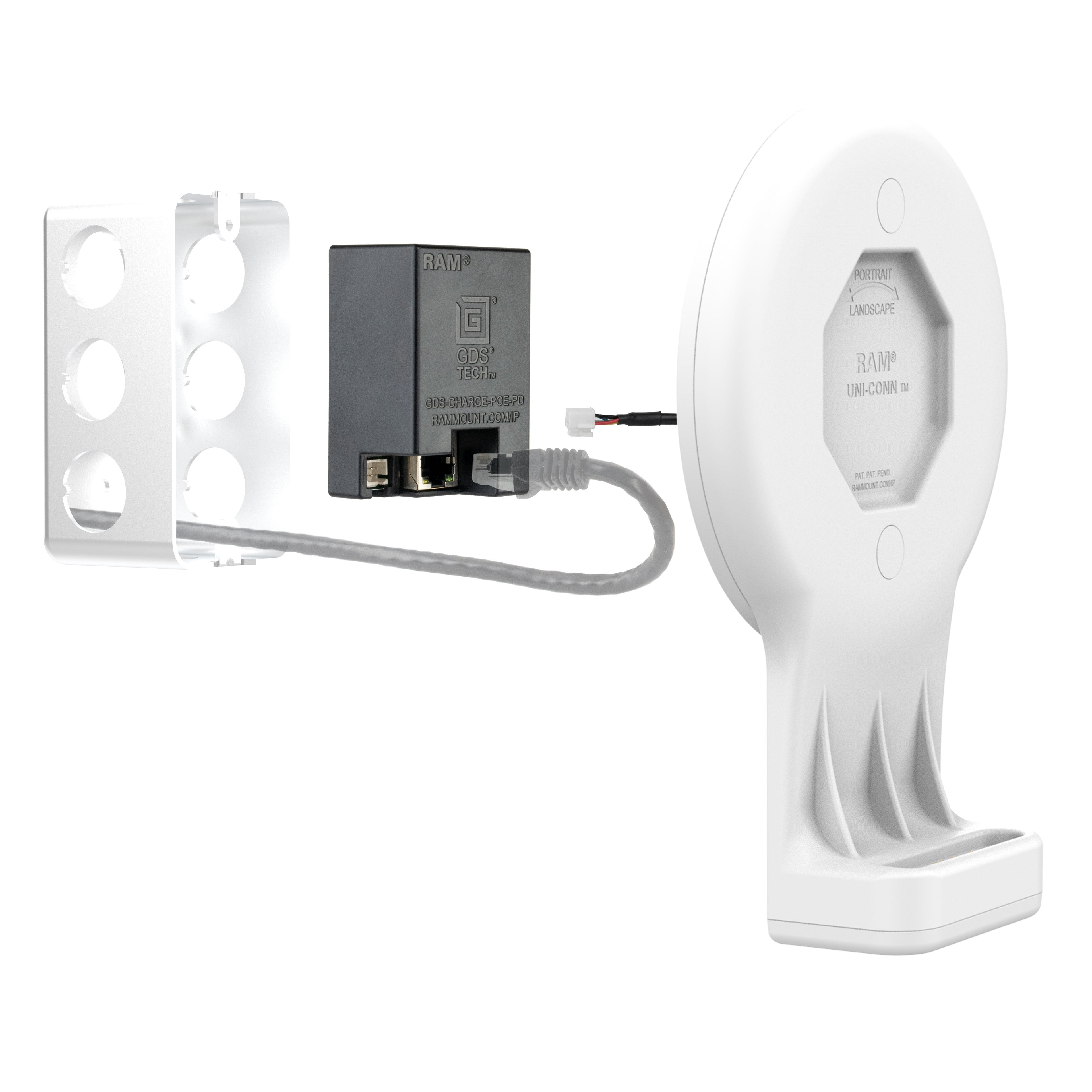 RAM-GDS-DOCK-W3-POE-GRY:RAM-GDS-DOCK-W3-POE-GRY_1:GDS® Uni-Conn™ Wall Dock with Magnetic Receiver & PoE - Gray