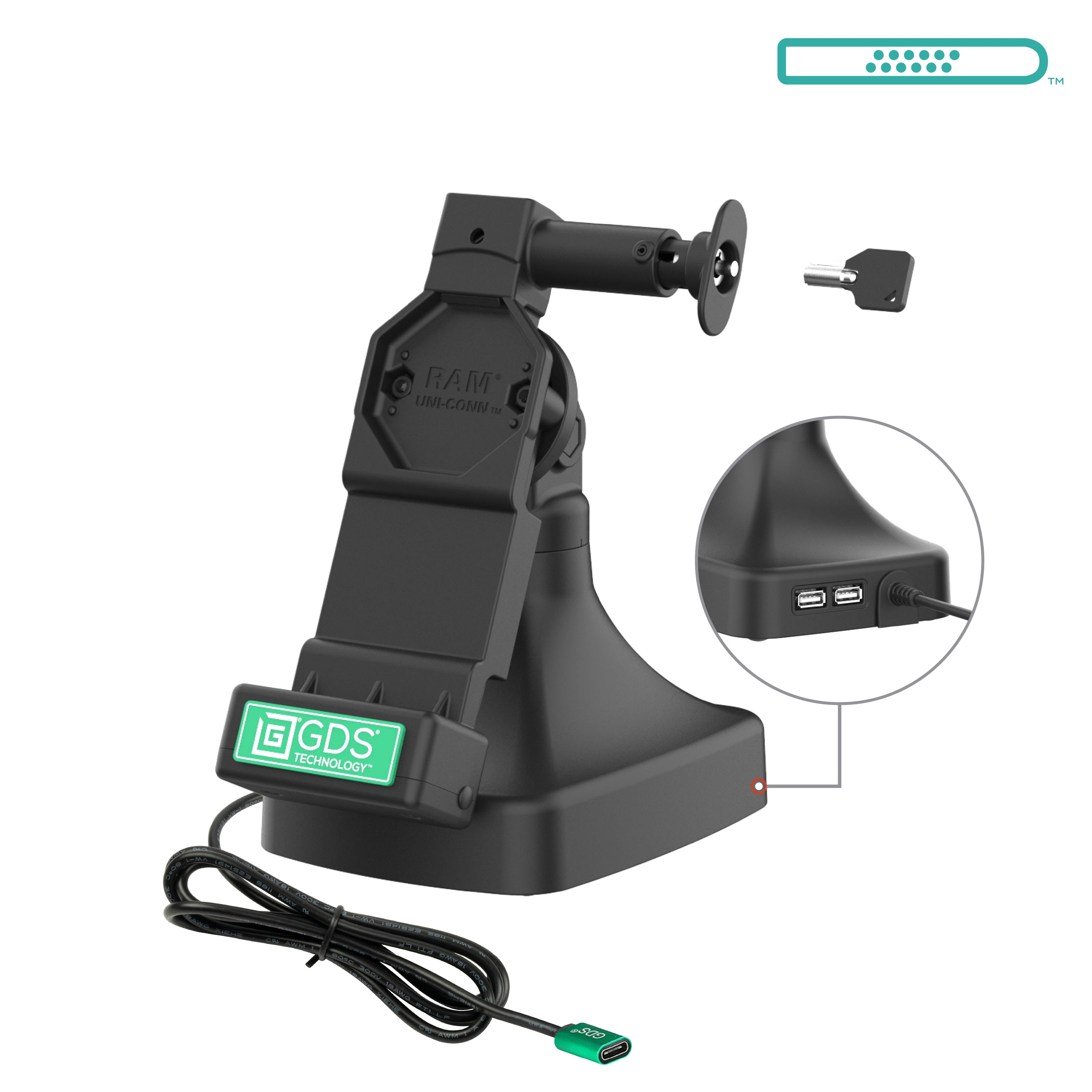RAM-GDS-DOCKL-D14-U4C-2A:RAM-GDS-DOCKL-D14-U4C-2A_1:GDS® Uni-Conn™ Locking Tilt & Swivel Dock with USB-C + Data
