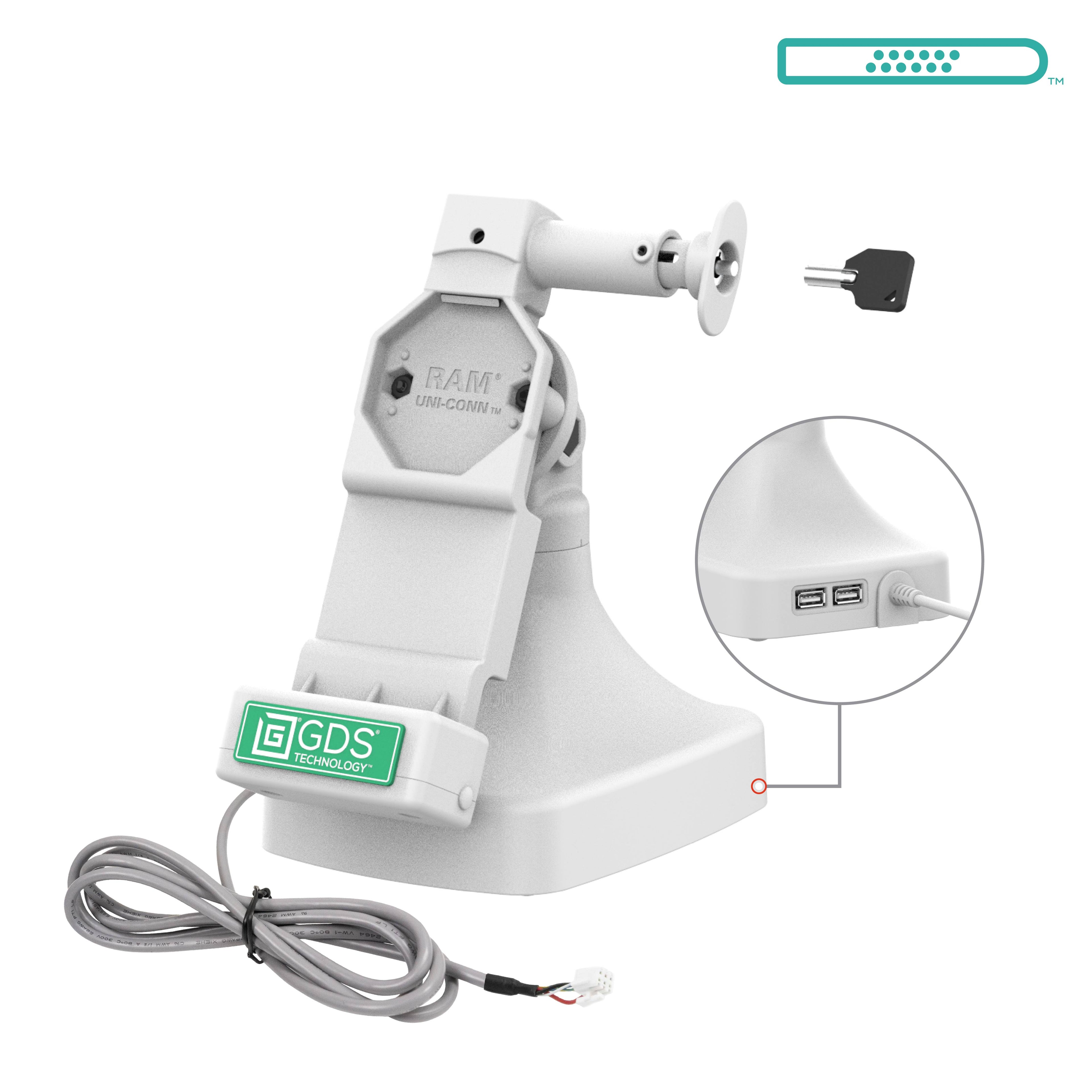 RAM-GDS-DOCKL-D14-U4E-2A-GRY:RAM-GDS-DOCKL-D14-U4E-2A-GRY_1:GDS® Uni-Conn™ Locking Tilt & Swivel Dock with PoE + Data - Gray