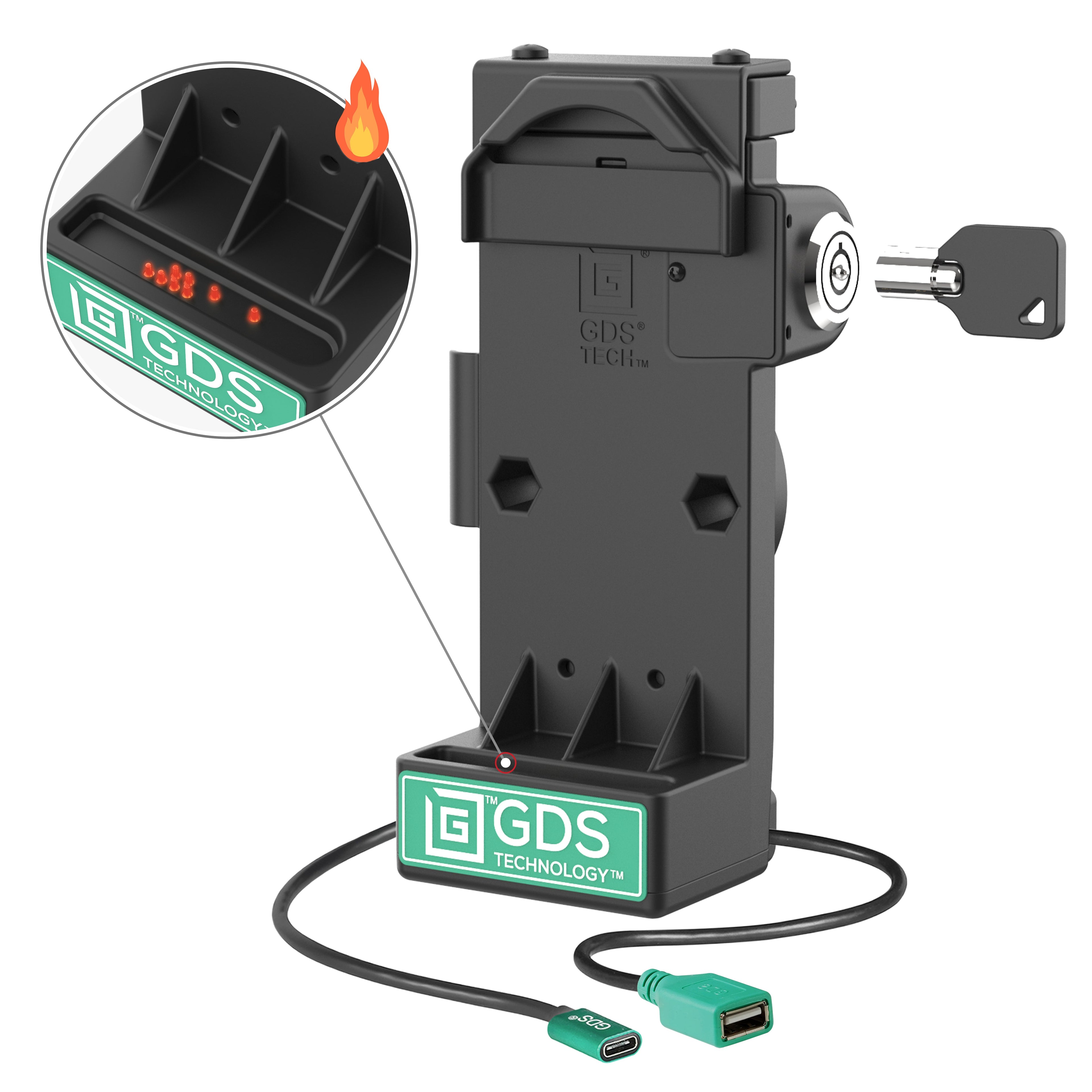 RAM-GDS-DOCKL-V12-U1CPDHU:RAM-GDS-DOCKL-V12-U1CPDHU_1:GDS® Uni-Conn™ Locking Spring Loaded Power + USB-A Dock - Heated Pins