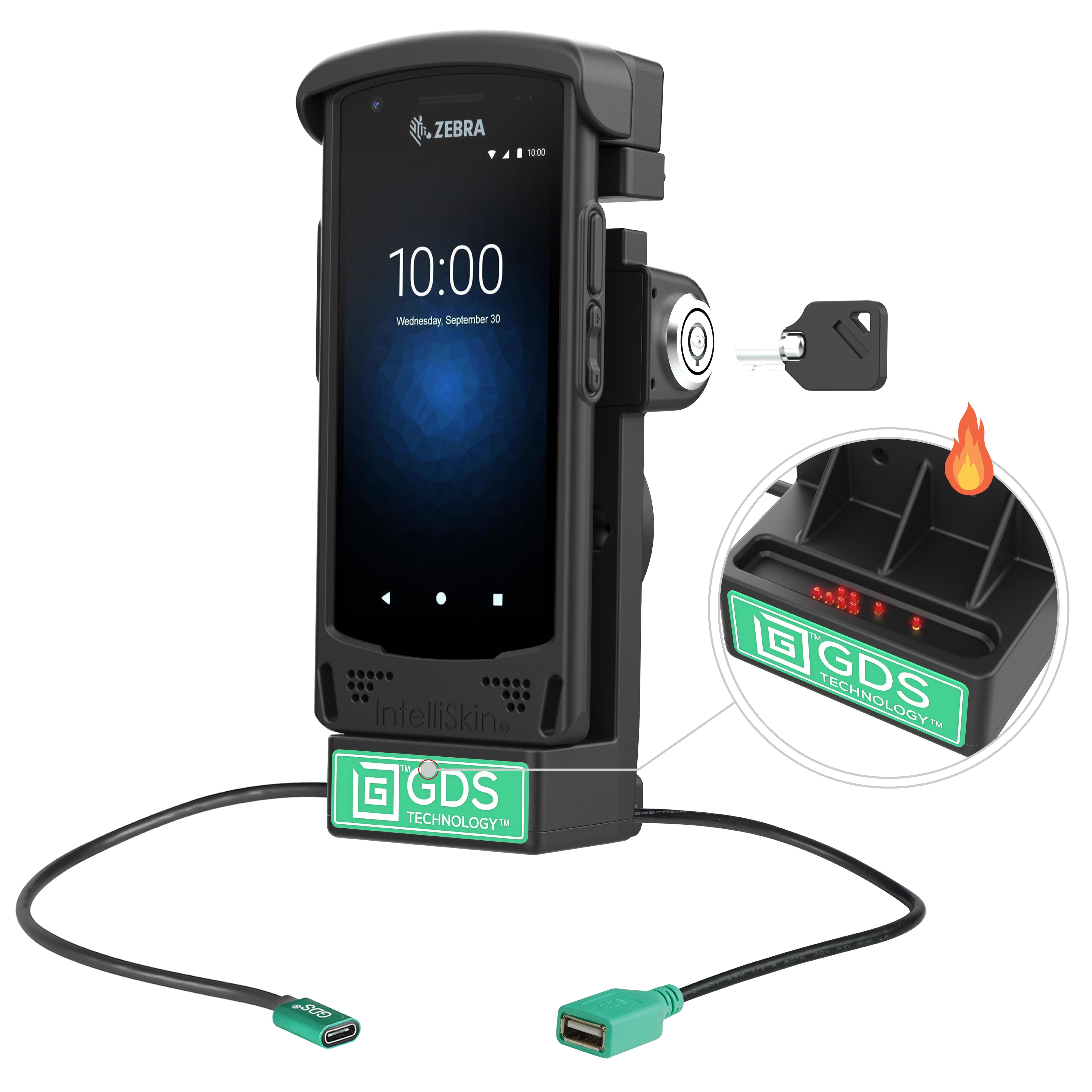 RAM-GDS-DOCKL-V12-ZE16CPDHU:RAM-GDS-DOCKL-V12-ZE16CPDHU_1:GDS® Locking Powered Dock + USB-A for Zebra EC50/55 - Heated Pins