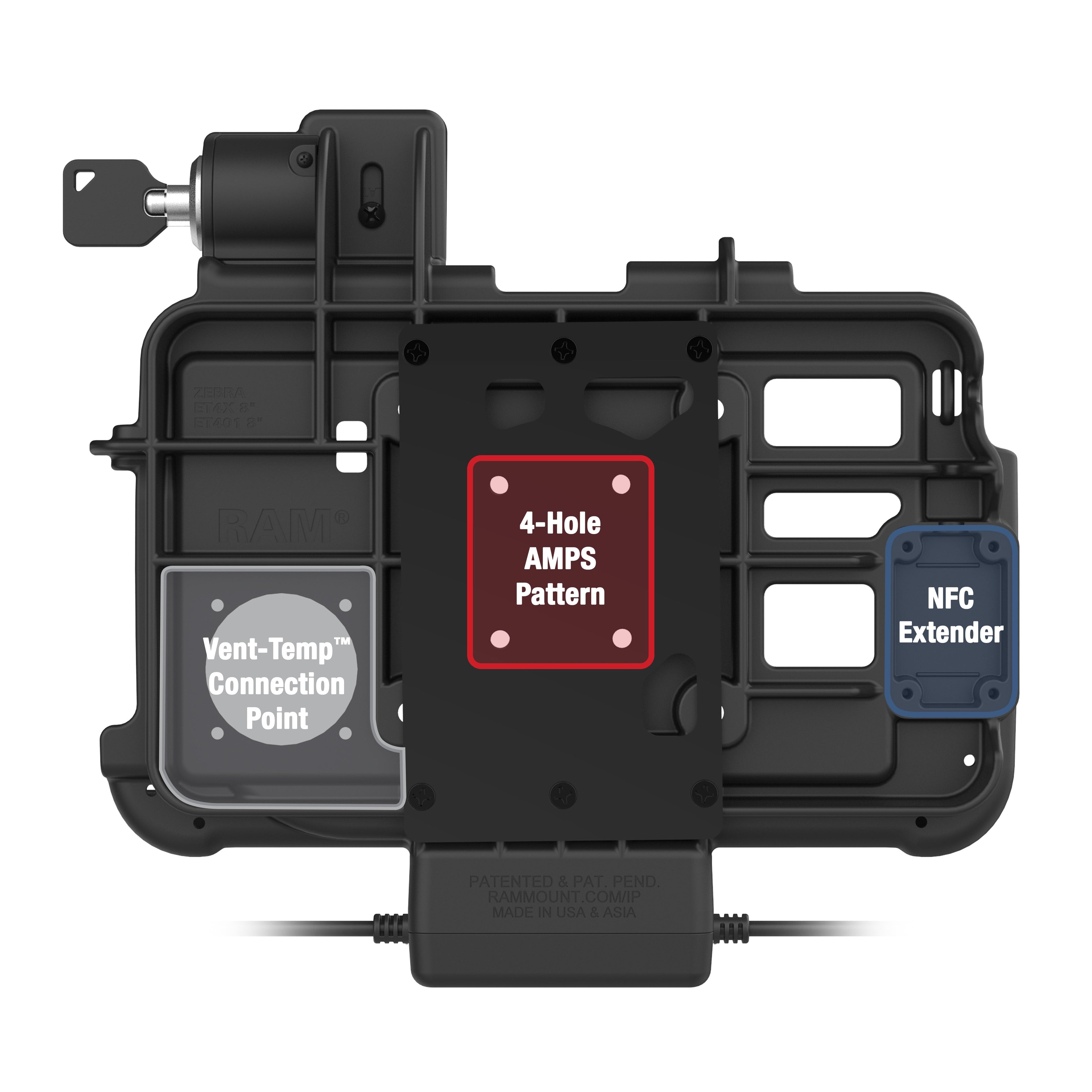 RAM-GDS-DOCKL-ZE46PDU:RAM-GDS-DOCKL-ZE46PDU_1:Locking GDS® Thin-Dock + Data for Zebra ET401 8" with IntelliSkin®