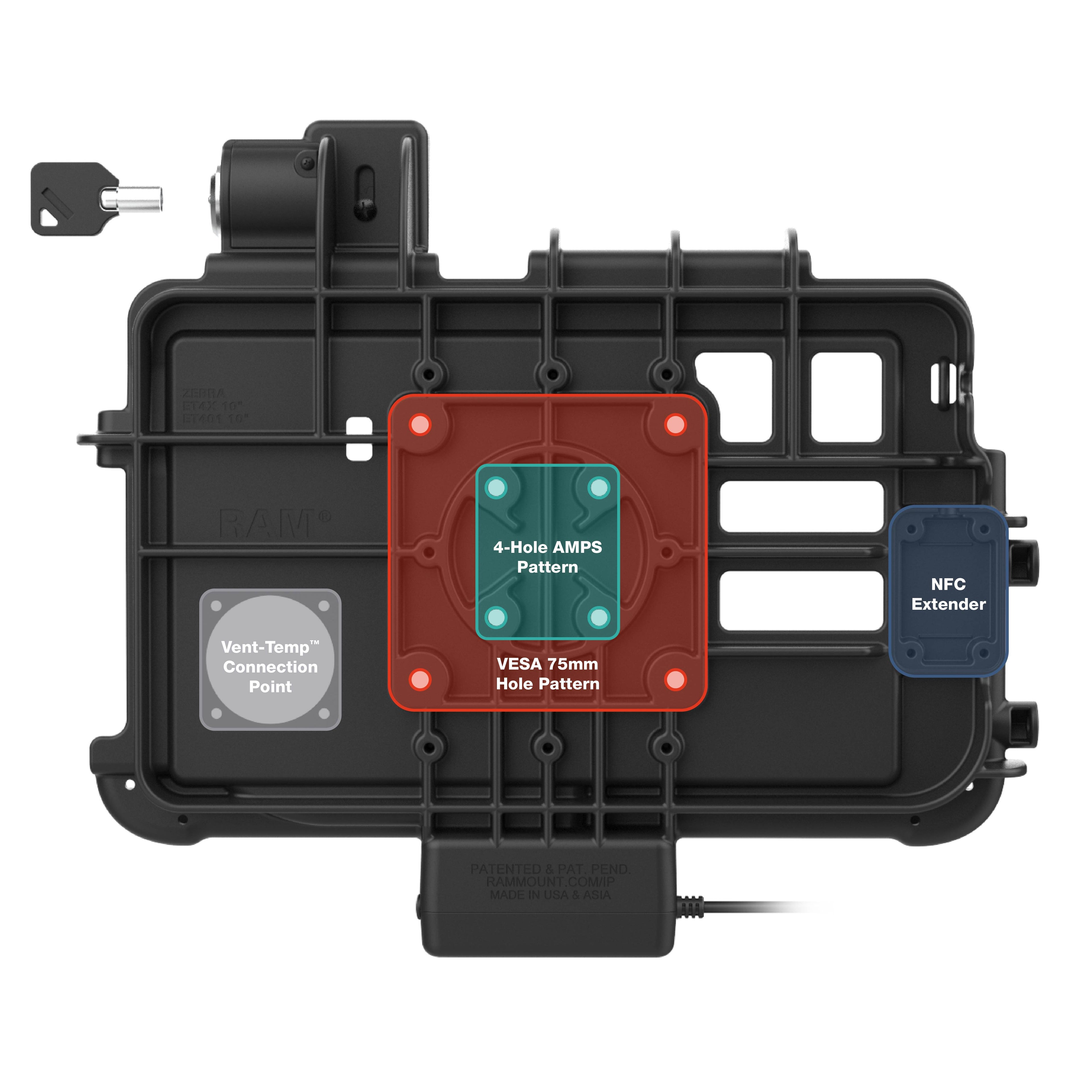 RAM-GDS-DOCKL-ZE47PU:RAM-GDS-DOCKL-ZE47PU_1:Locking GDS® Thin-Dock™ for Zebra ET401 & ET4x 10" with IntelliSkin®