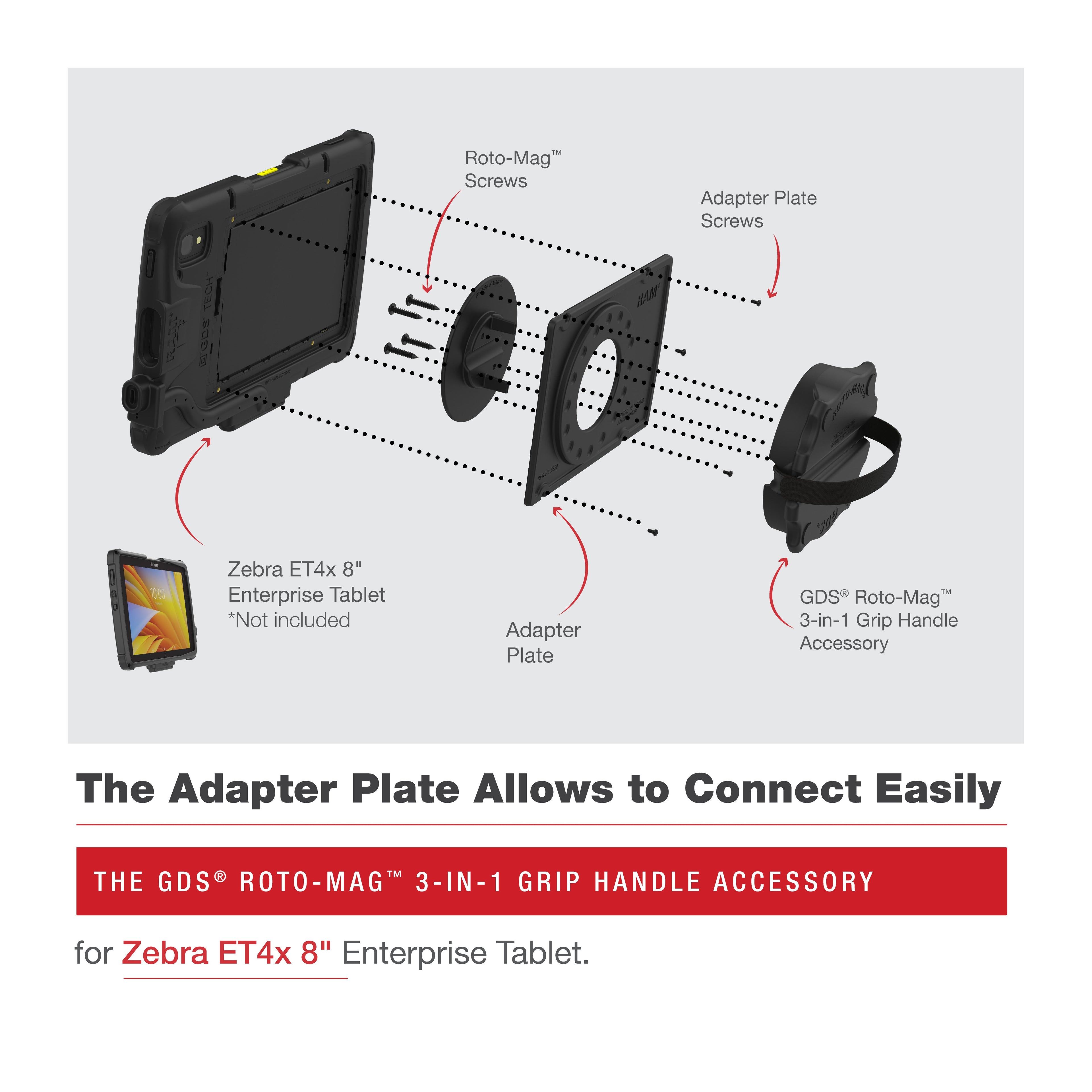 RAM-GDS-ROTO2-ZE20U:RAM-GDS-ROTO2-ZE20U_1:GDS® Roto-Mag™ 3-in-1 Grip Handle Accessory for Zebra ET4x 8” Tablet