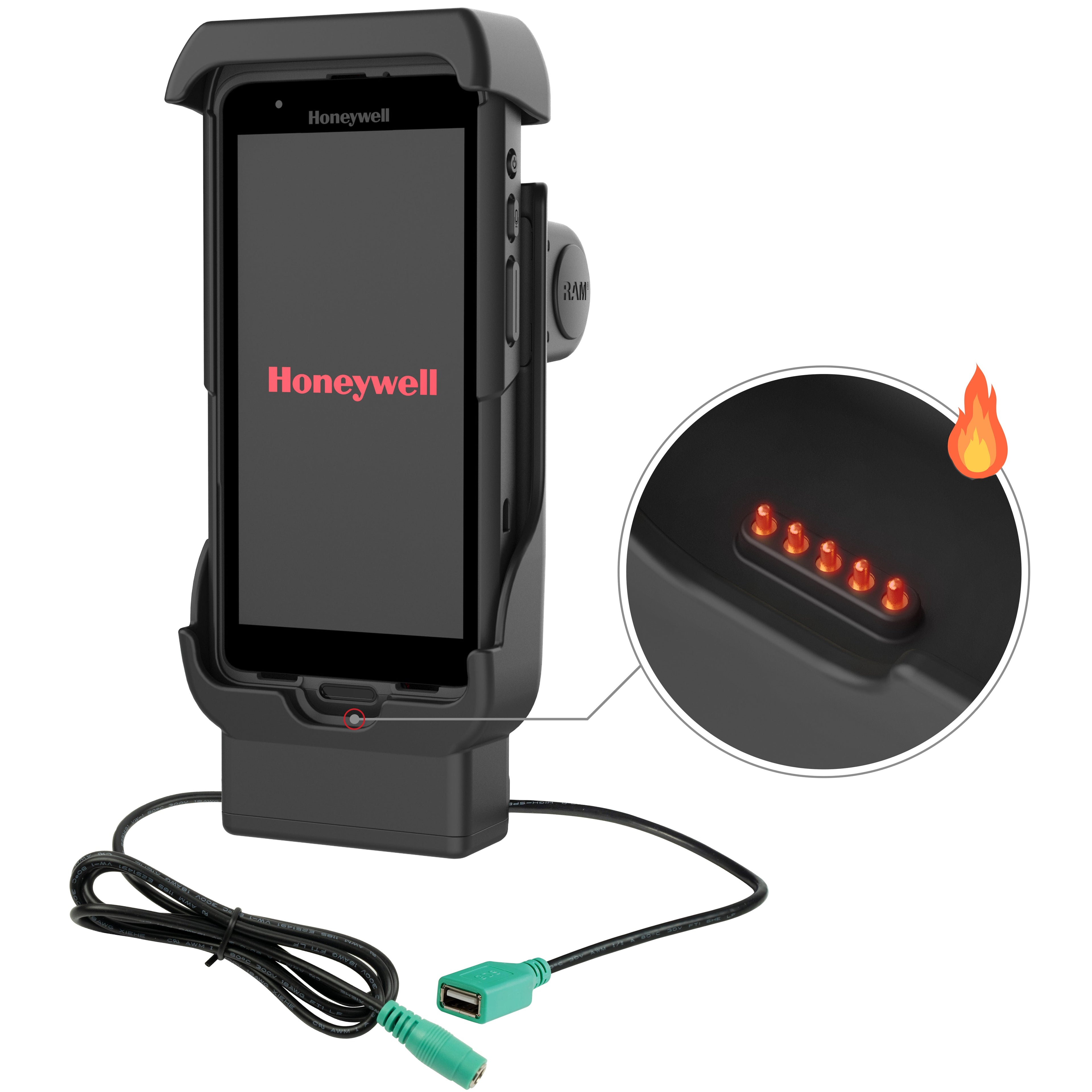 RAM-HOL-HON12PDHU:RAM-HOL-HON12PDHU_1:RAM® Powered Dock + USB-A for Honeywell CT40/45/47 - Heated Pins