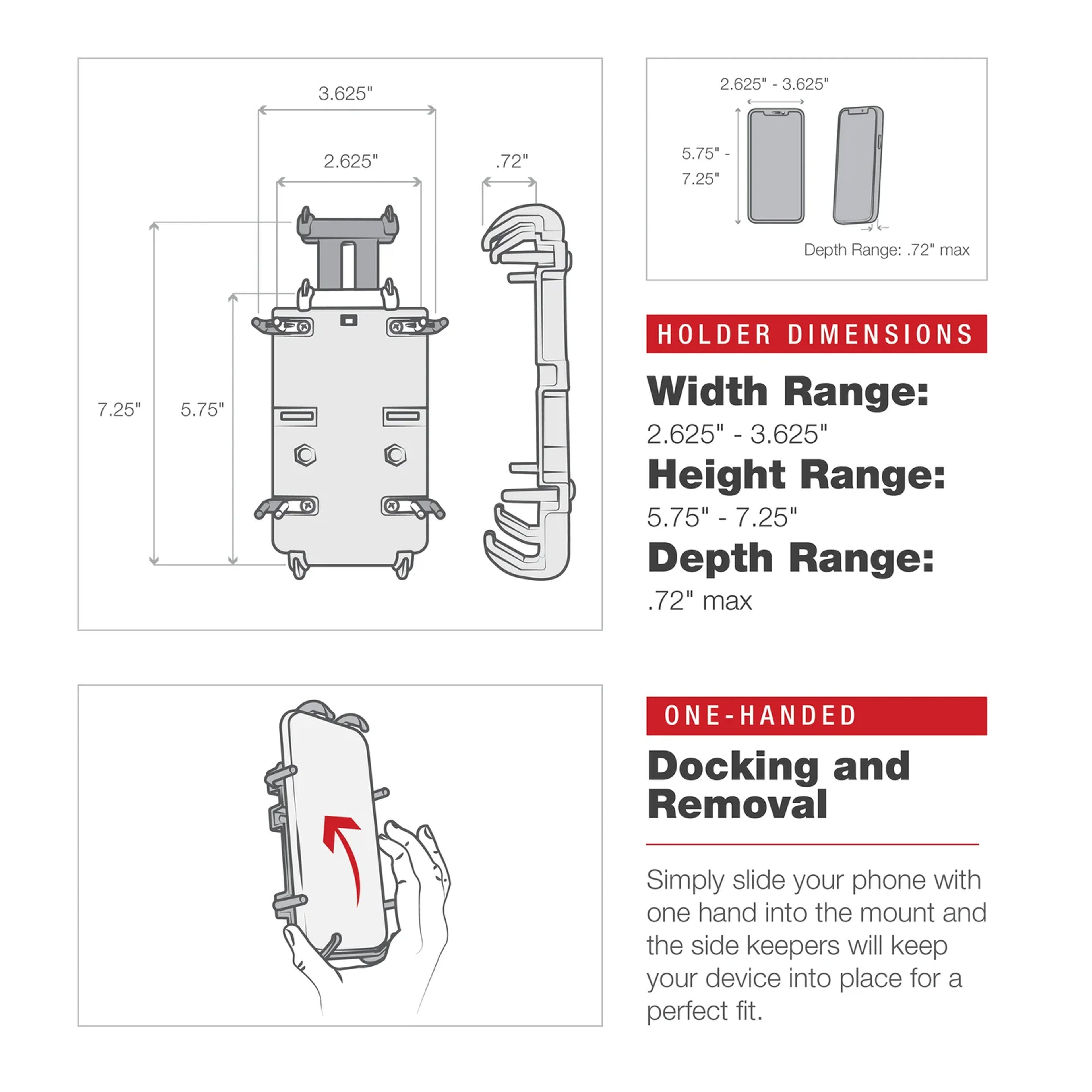 RAM-HOL-PD4-400-1RU:RAM-HOL-PD4-400-1RU_1:RAM® Quick-Grip™ XL Phone Mount with Rotating Low-Profile Tough-Claw™