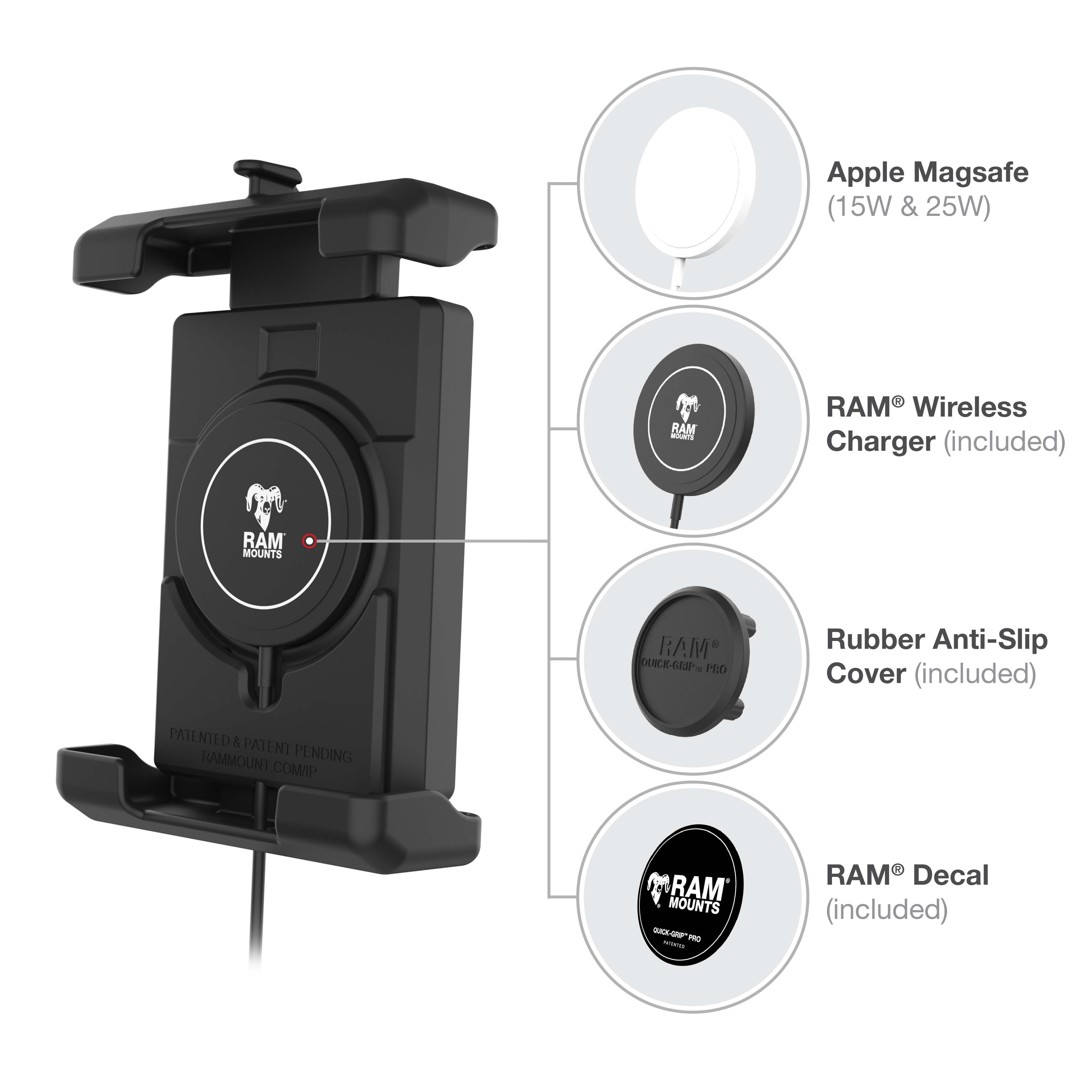 RAM-HOL-PD7B-W2MU:RAM-HOL-PD7B-W2MU_1:RAM® Quick-Grip™ Pro XL with Ball & Qi2 15W Wireless Charger