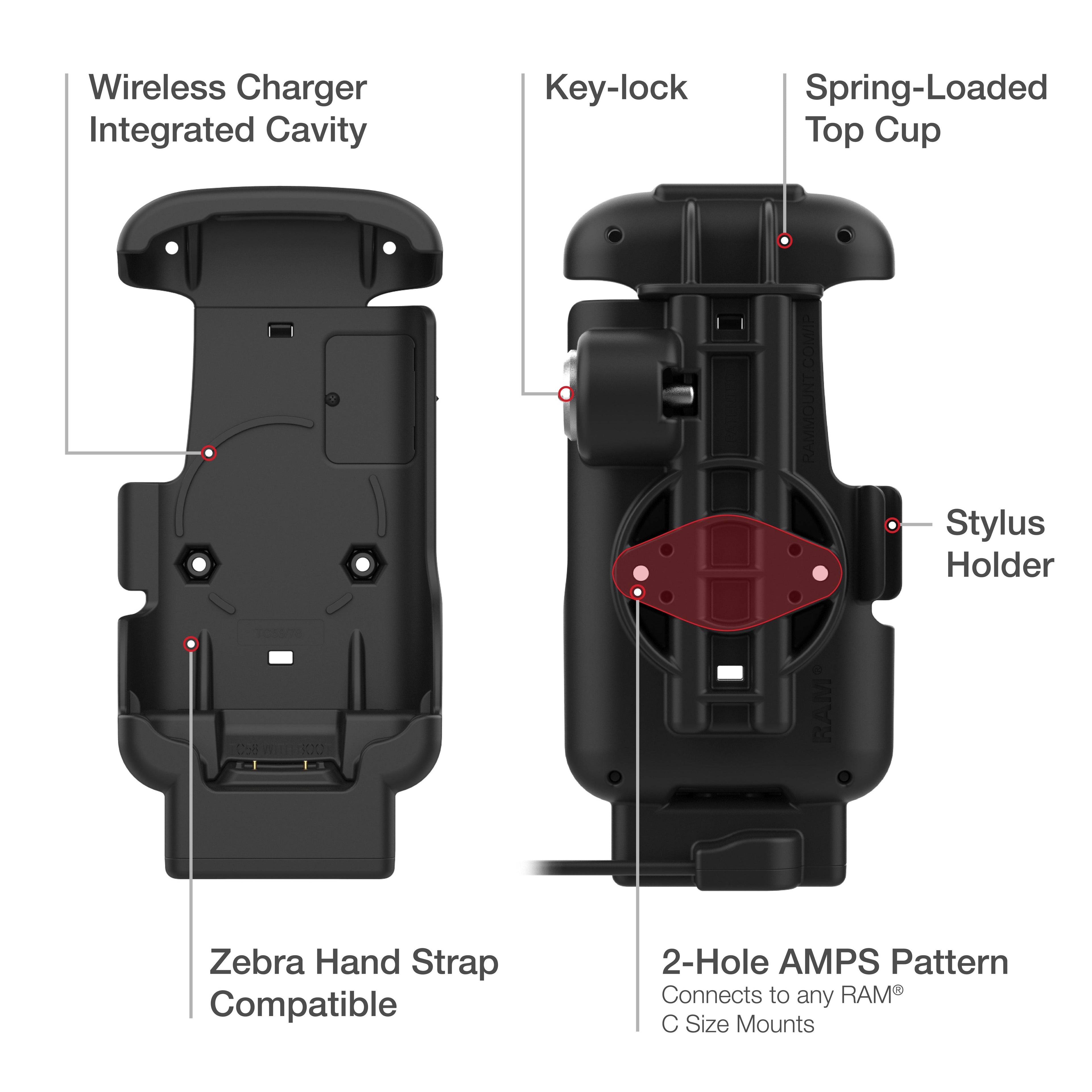 RAM-HOL-ZE17L-2U:RAM-HOL-ZE17L-2U_1:RAM® Key-Locking Form-Fit Powered Dock for Zebra TC53 & TC58