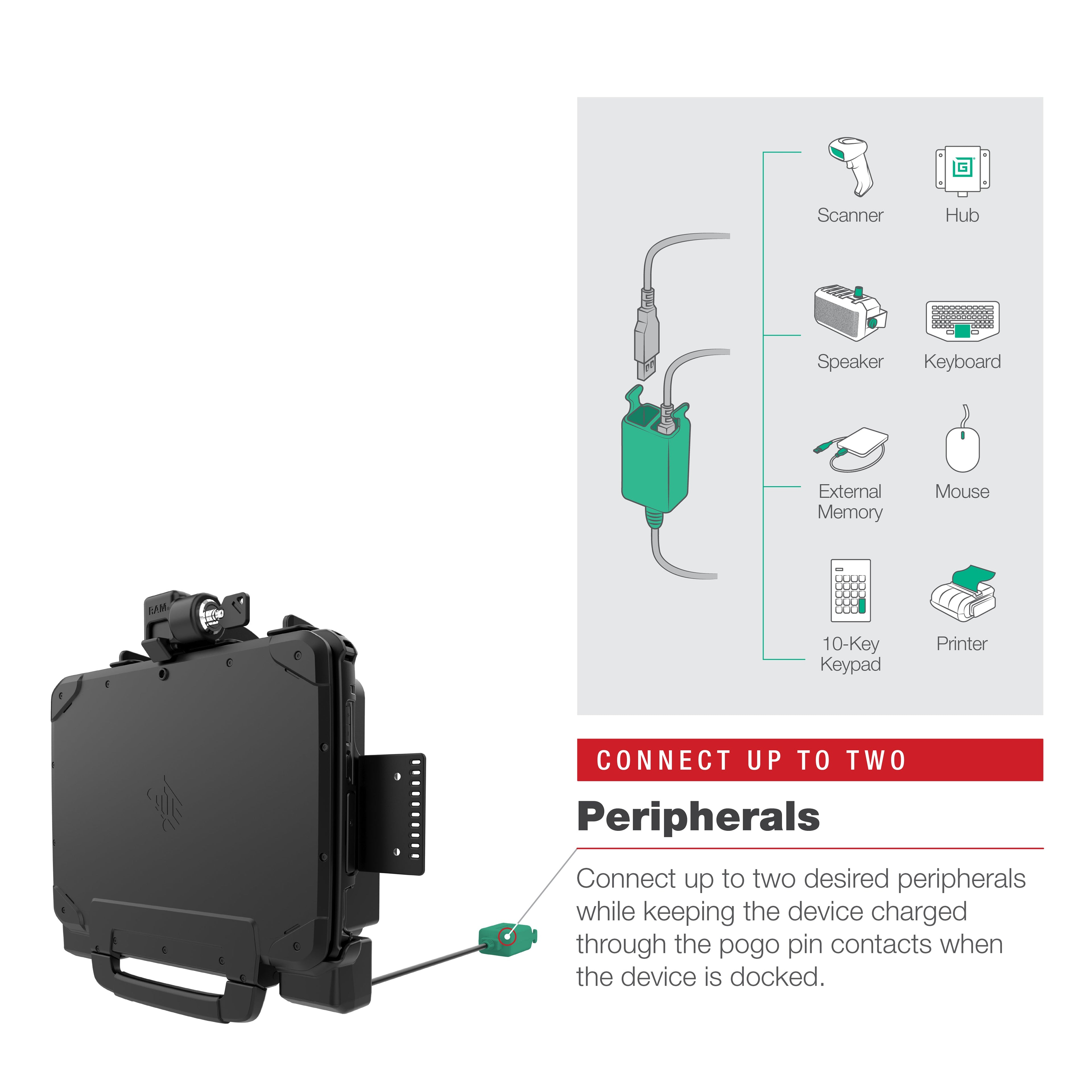 RAM-HOL-ZE22PD2LU:RAM-HOL-ZE22PD2LU_1:RAM® Power + Dual USB Locking Dock for Zebra ET8x 2-in-1 Tablet