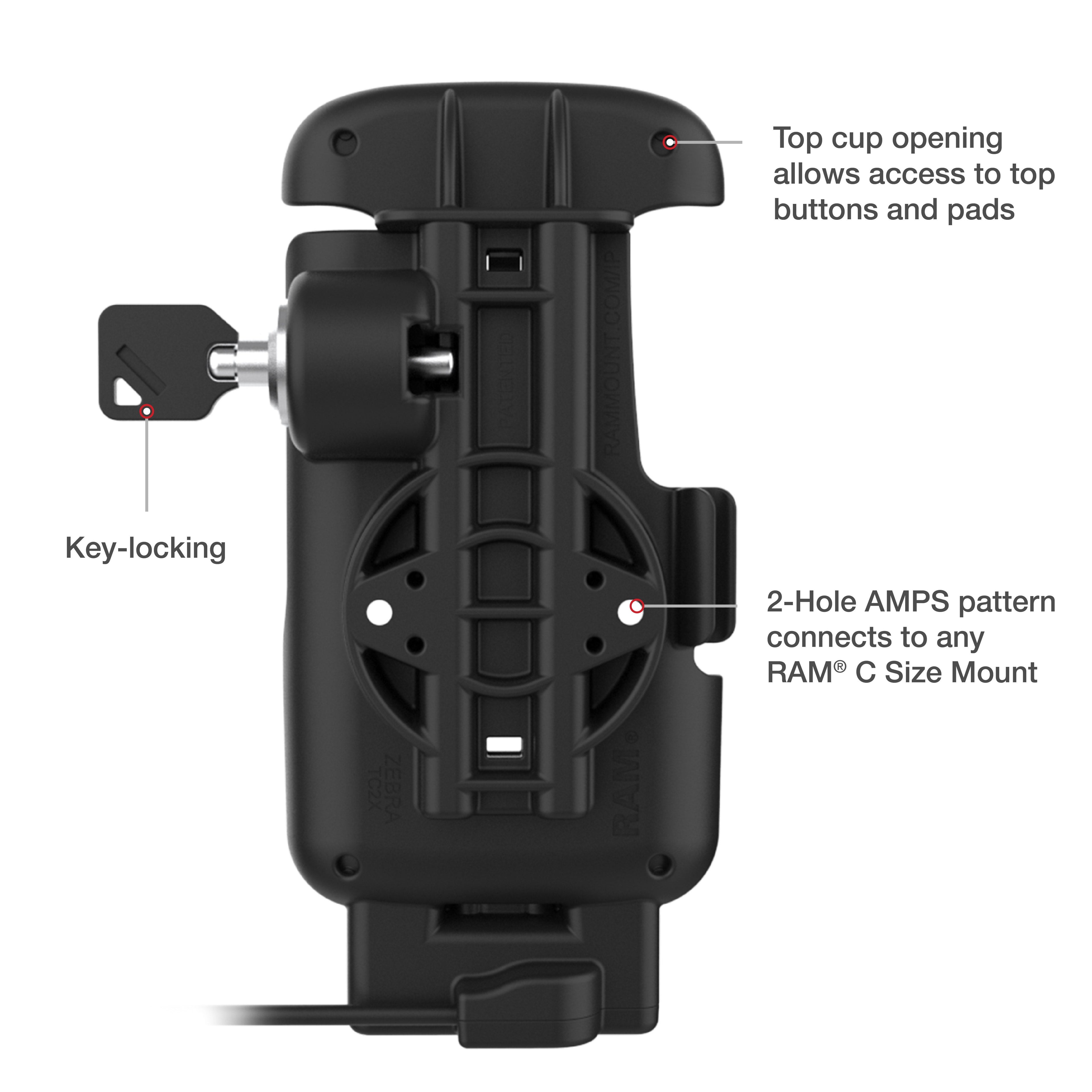 RAM-HOL-ZE24L-C-1U:RAM-HOL-ZE24L-C-1U_1:RAM® Locking Form-Fit USB-C Dock for Zebra TC22 & TC27 without Boot