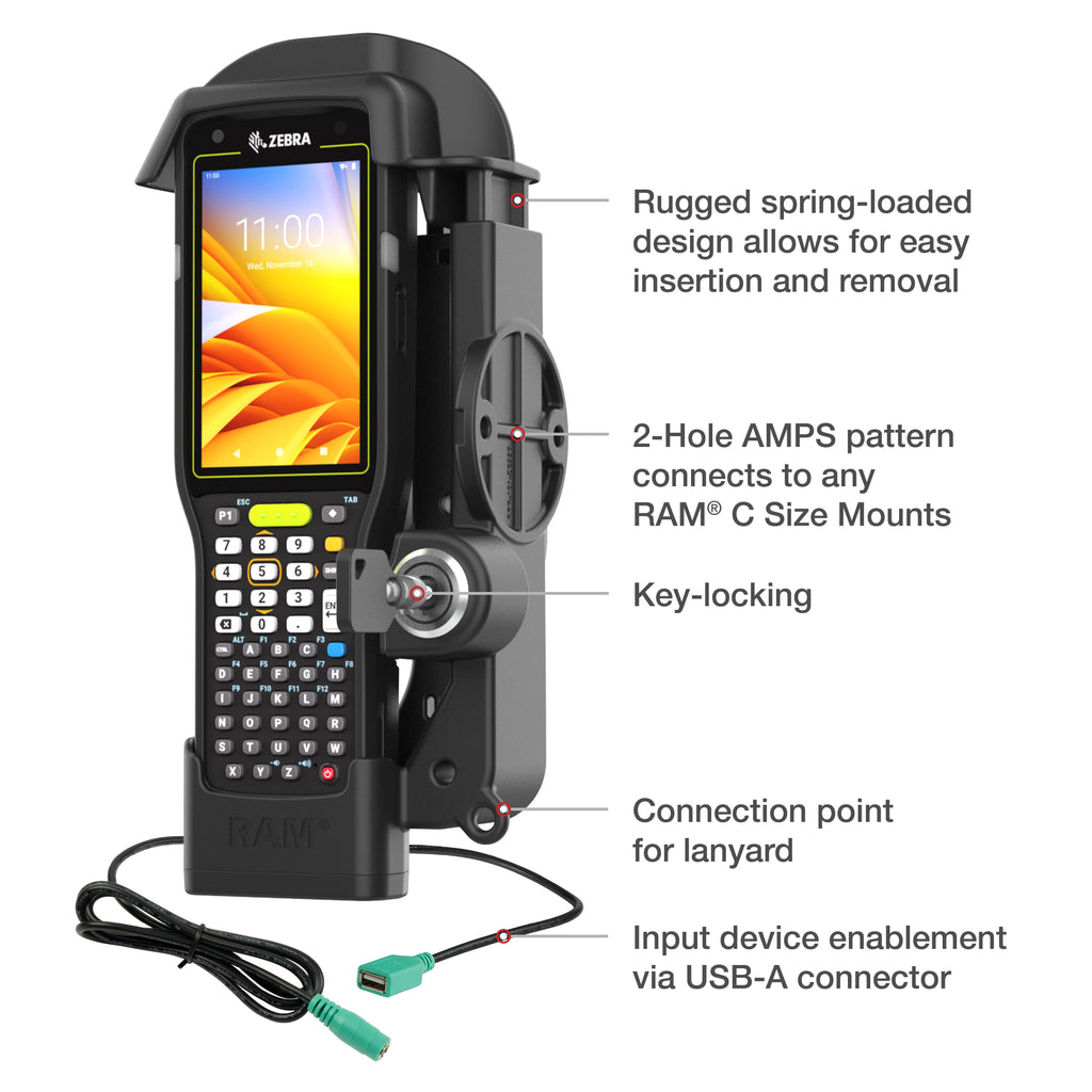 RAM-HOL-ZE33PDLU:RAM-HOL-ZE33PDLU_1:RAM® Locking Powered Dock + Single USB-A for Zebra MC3300/3400/3450