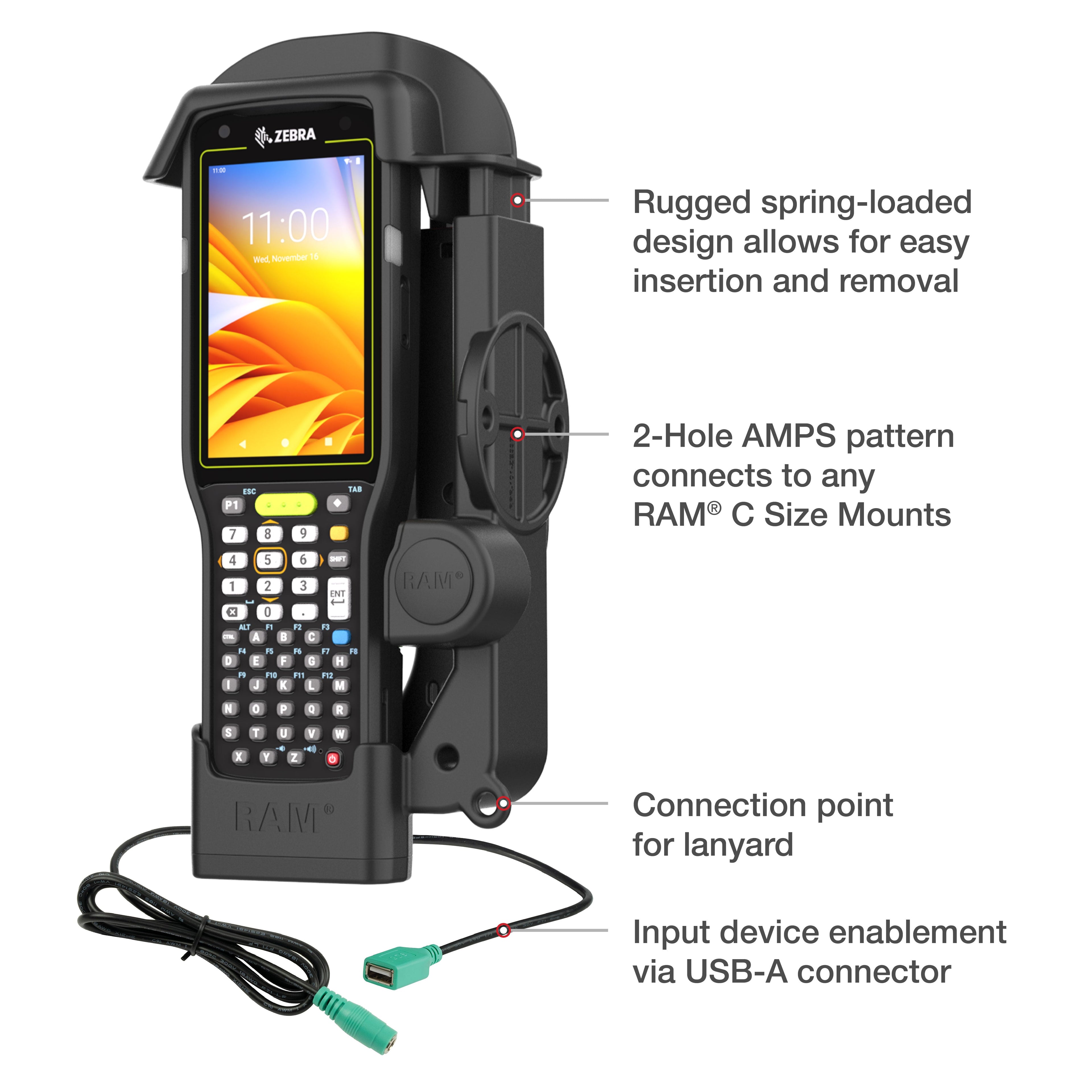 RAM-HOL-ZE33PDU:RAM-HOL-ZE33PDU_1:RAM® Powered Dock + Single USB-A for Zebra MC3300/3400/3450