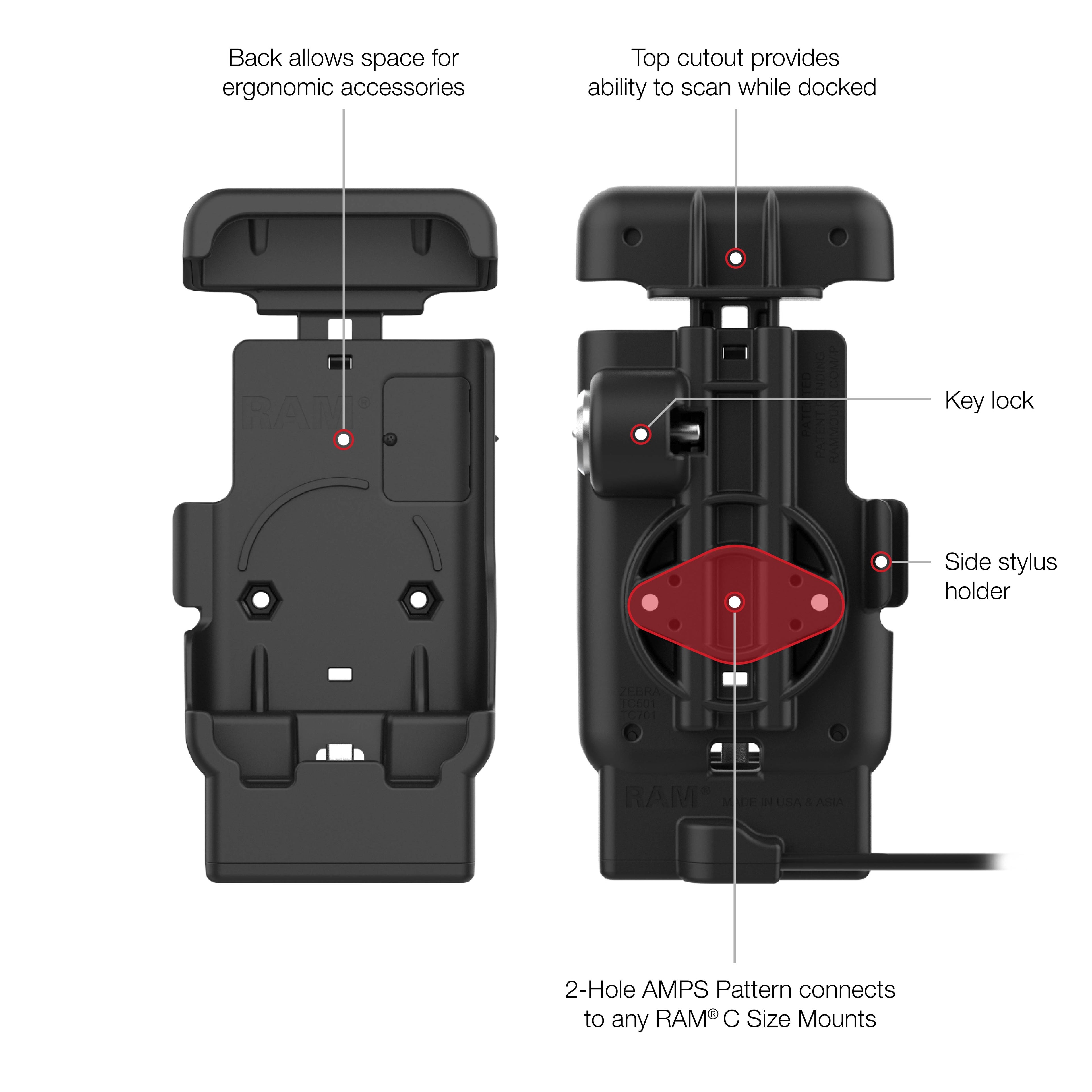 RAM-HOL-ZE41KL-C-1U:RAM-HOL-ZE41KL-C-1U_1:RAM® Powered Dock with USB-C for Zebra TC701