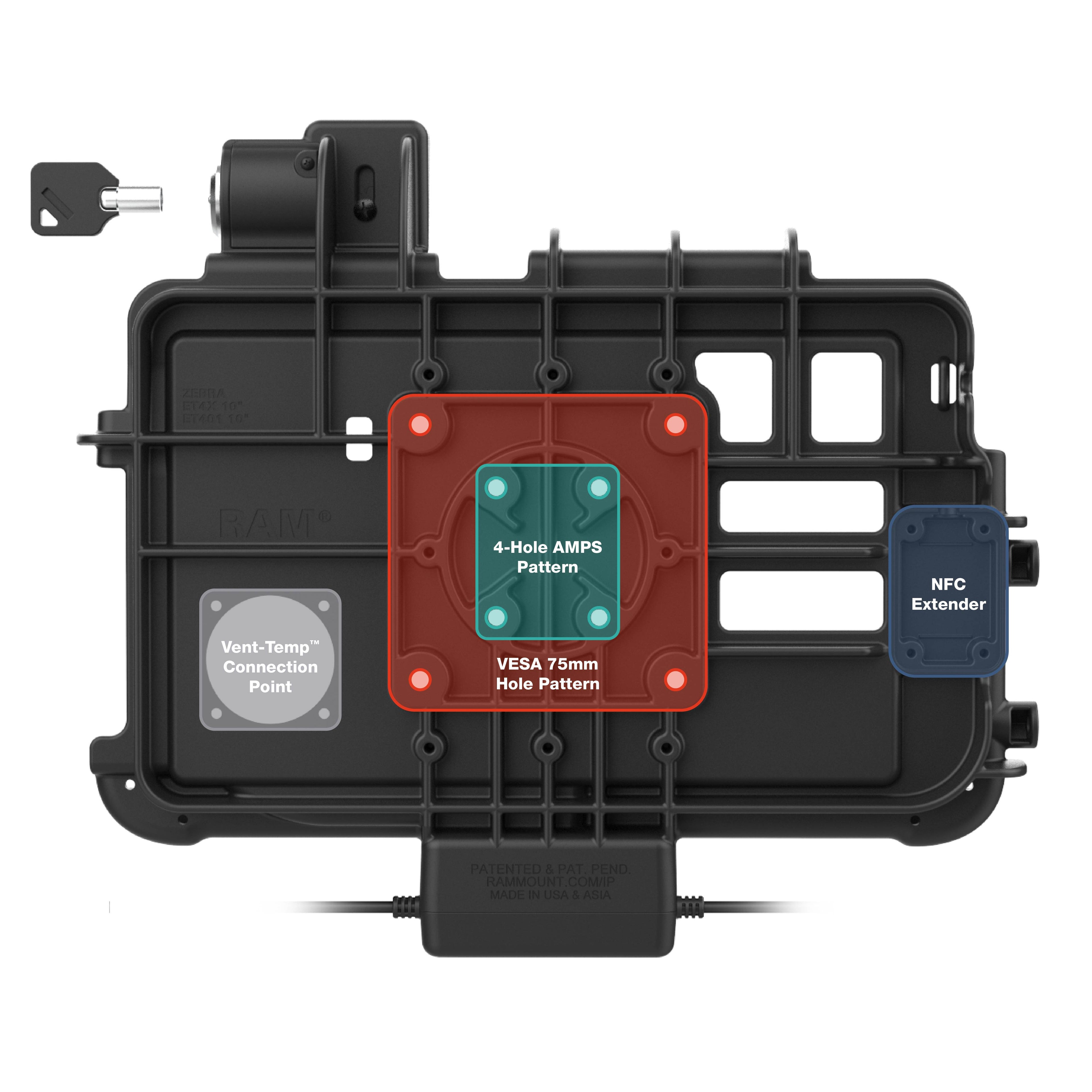 RAM-HOL-ZE47PDLU:RAM-HOL-ZE47PDLU_1:Locking RAM® Thin-Dock™ + Data for Zebra ET401 10"