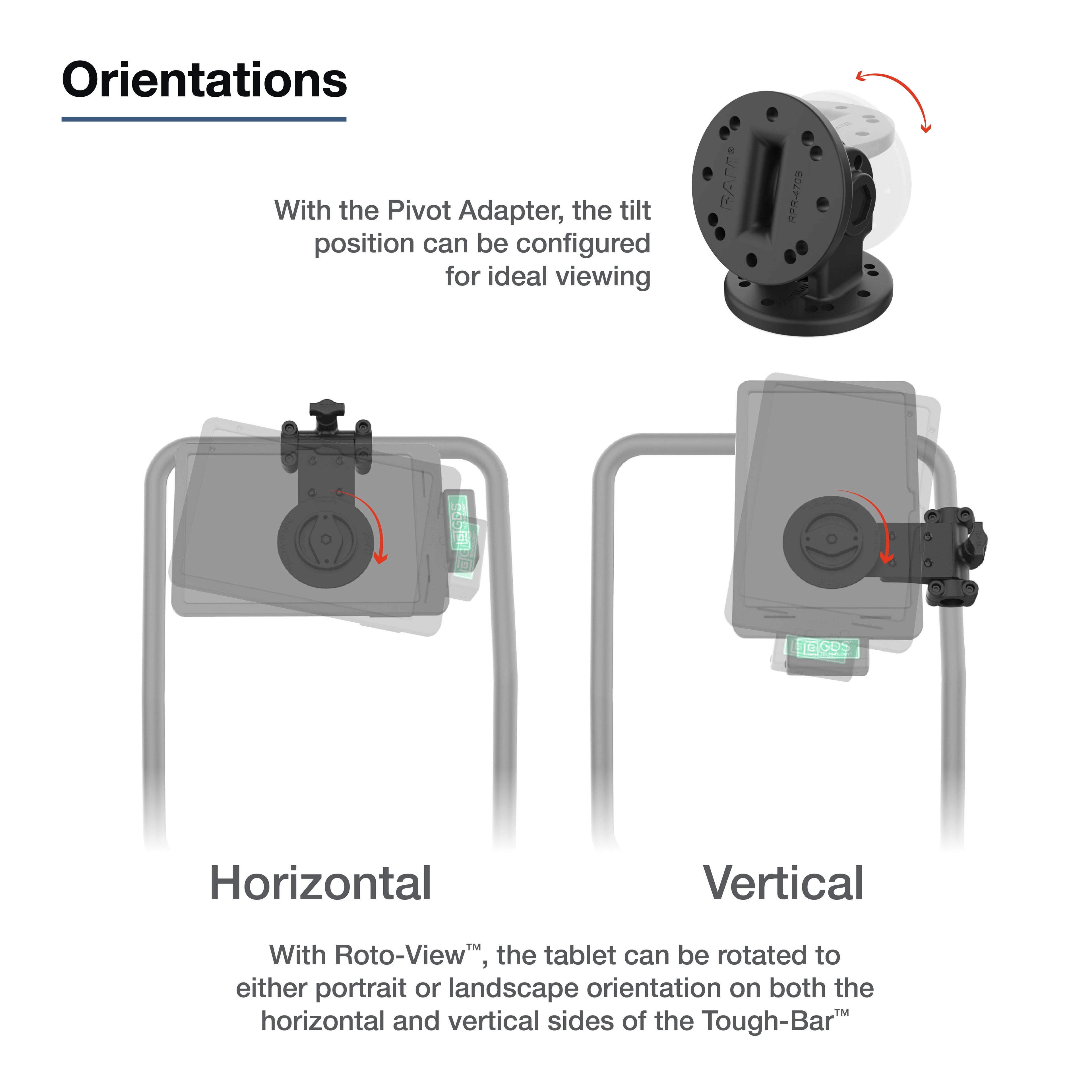 RAM-TB-FH1-PV4-ROTO1U:RAM-TB-FH1-PV4-ROTO1U_1:RAM® Friction Hinge Mount for Tough-Bar™ with Roto-View™ & Pivot Feature